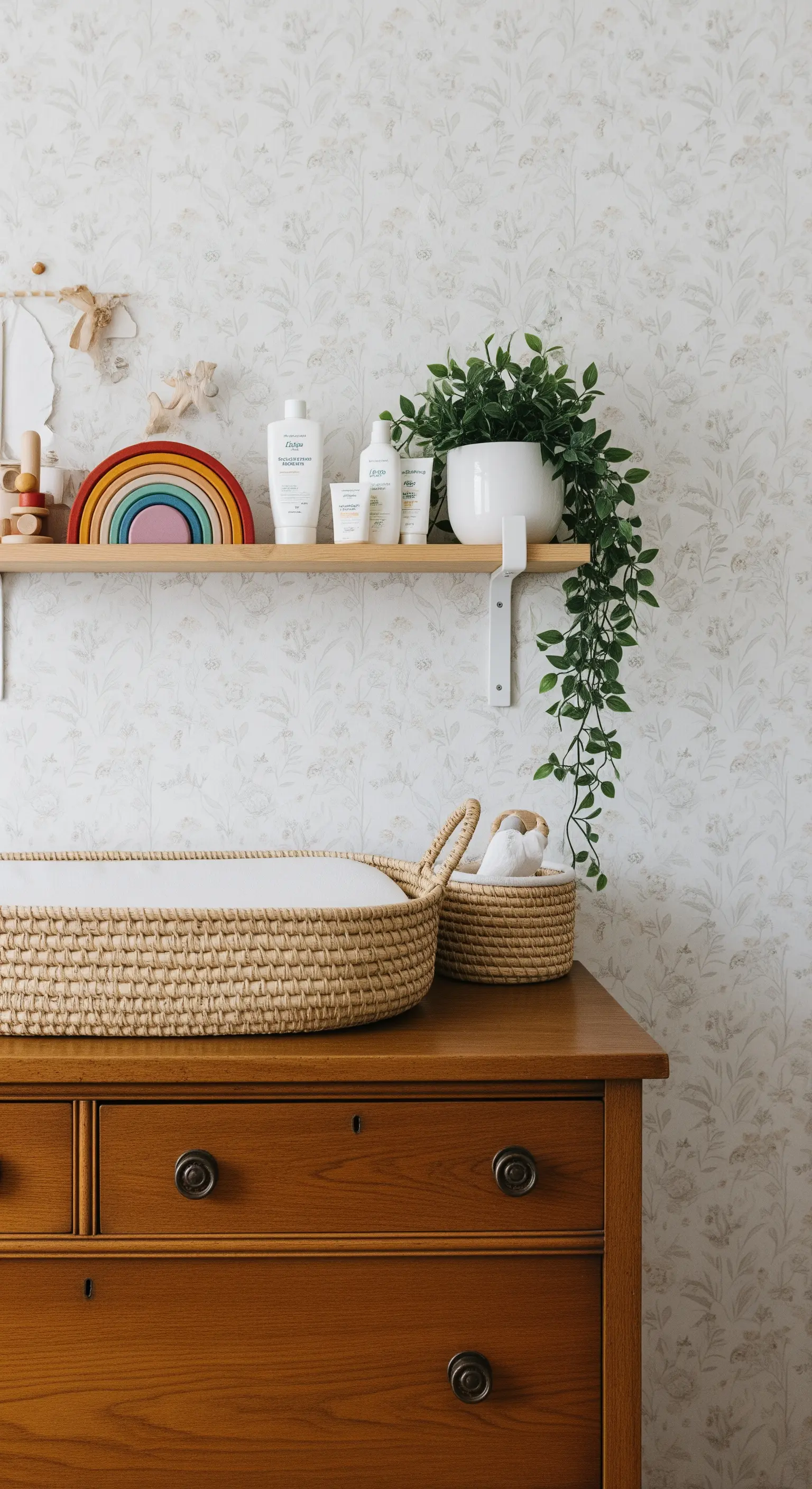 Wickelkommode aus Holz mit Flechtkorb und Regenbogen-Deko