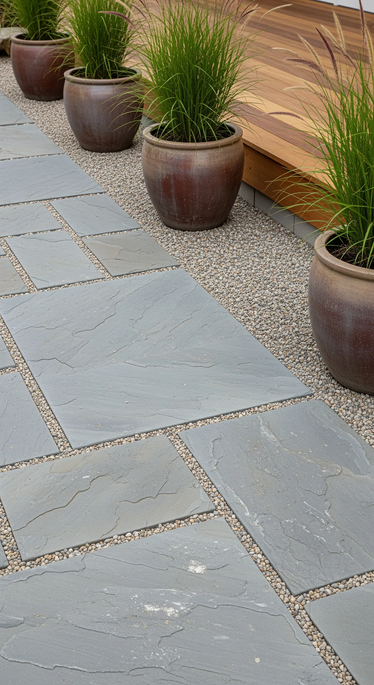 Reihe großer brauner Töpfe mit Gräsern auf Kiesweg