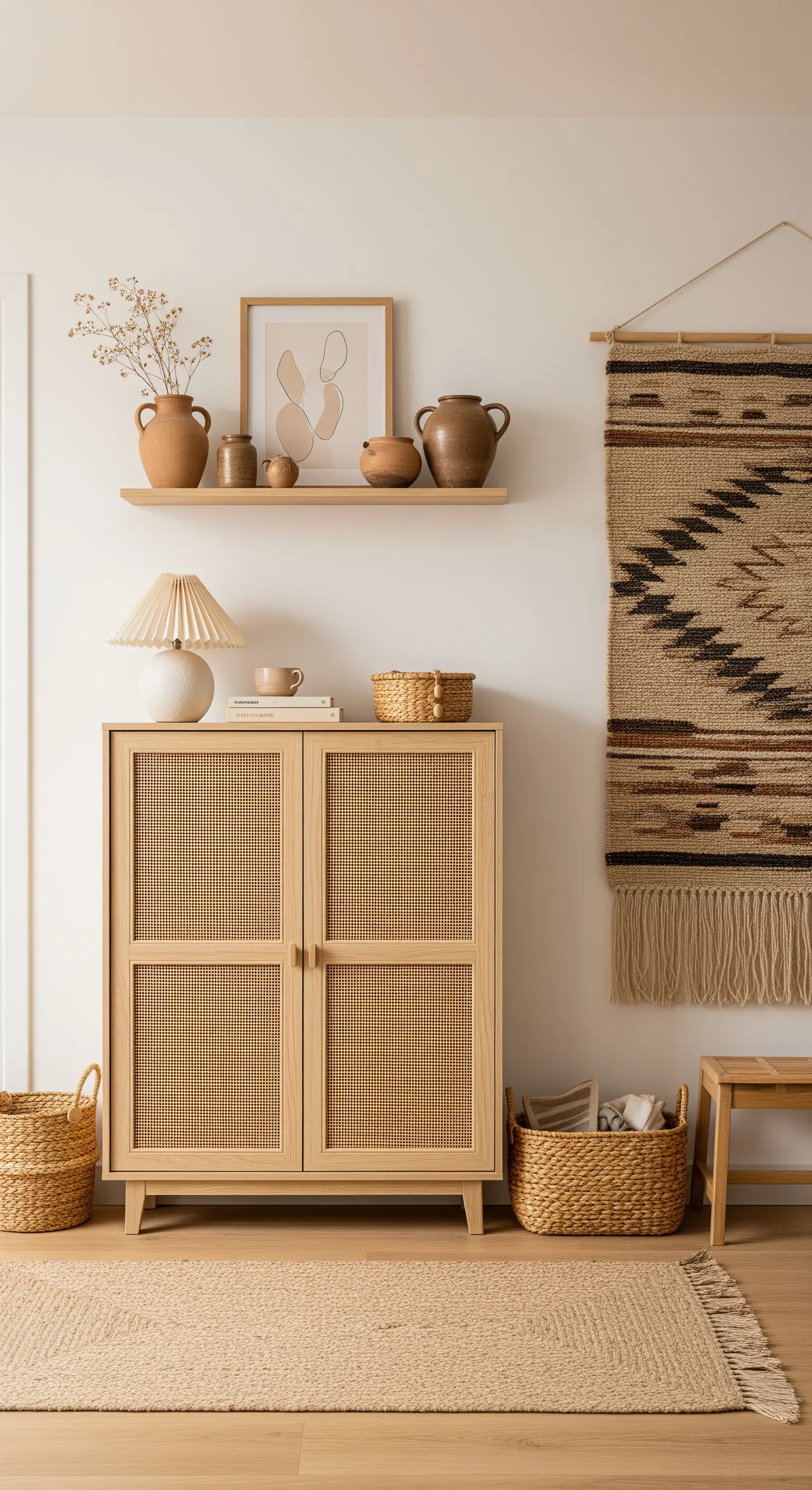 Heller Schrank mit Wiener Geflecht und Wandteppich