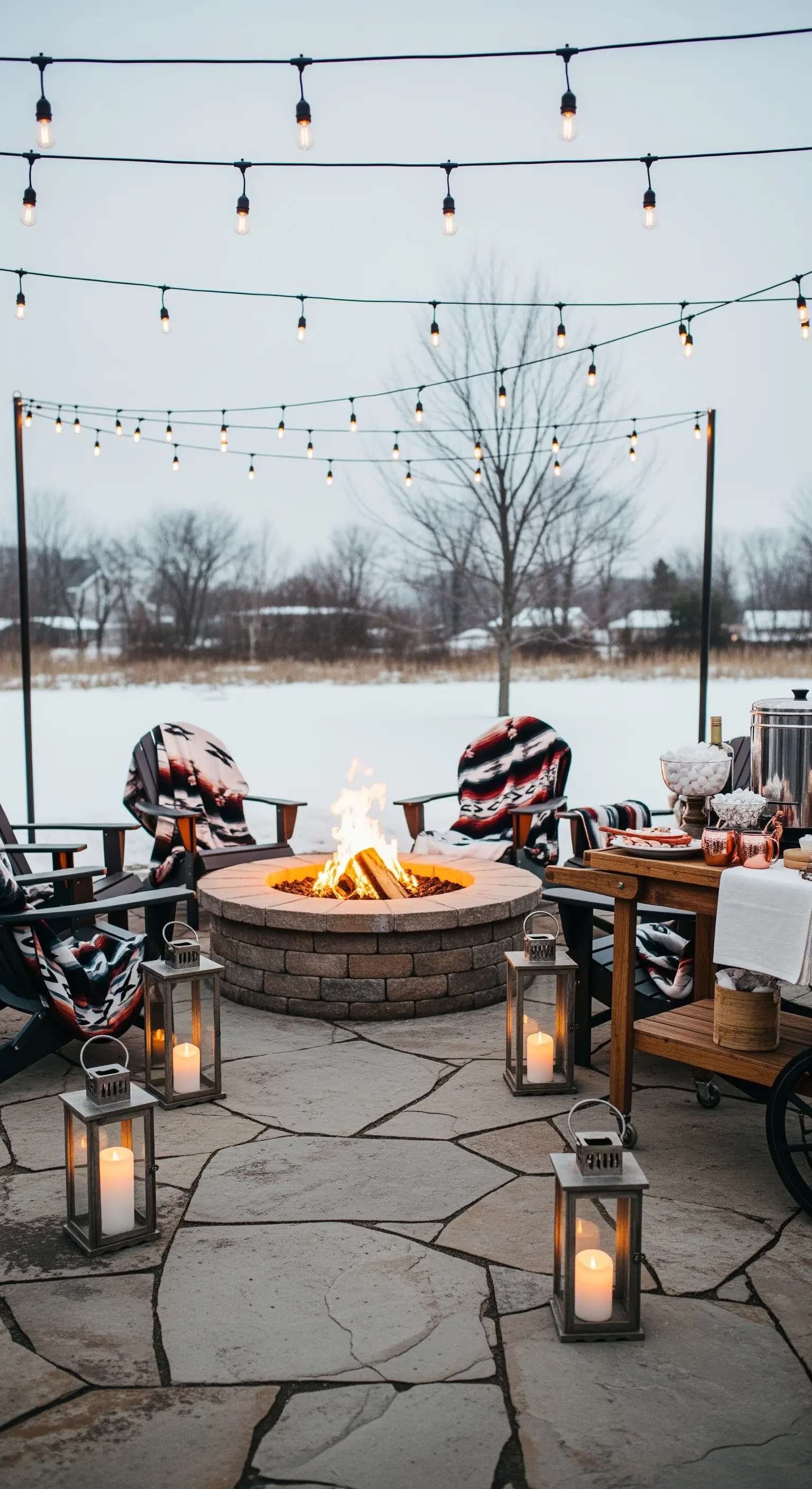 Verschneite Feuerstelle mit Lichterketten