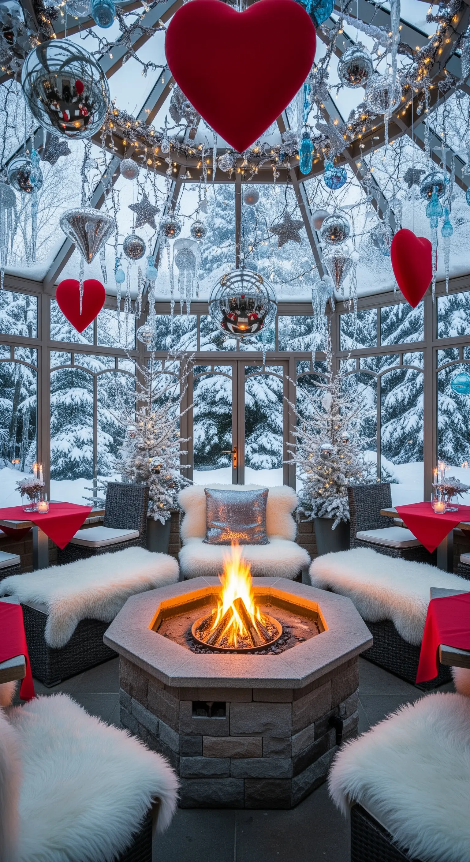 Verschneiter Wintergarten mit Feuerstelle und Fellen