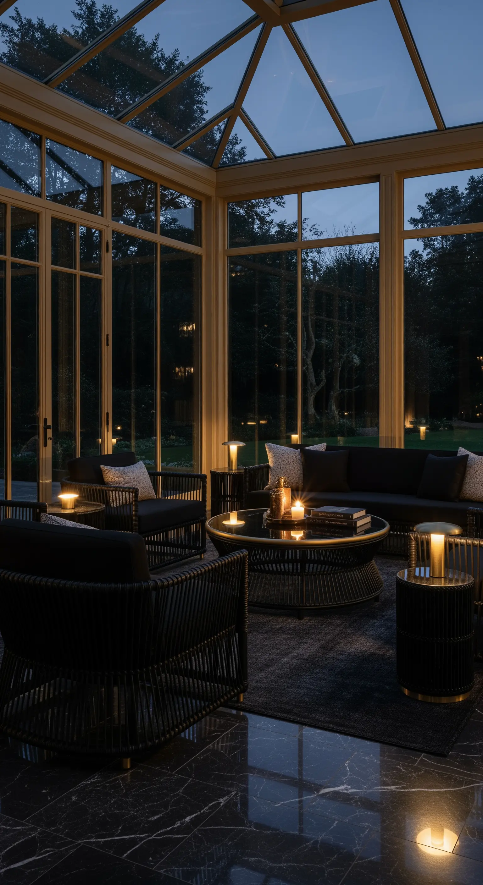 Dunkler Wintergarten mit gemütlicher Abendbeleuchtung