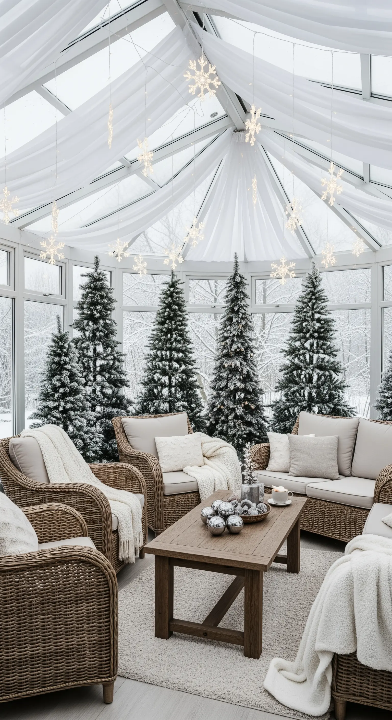 Wintergarten mit weißen Stoffbahnen und Tannenbäumen