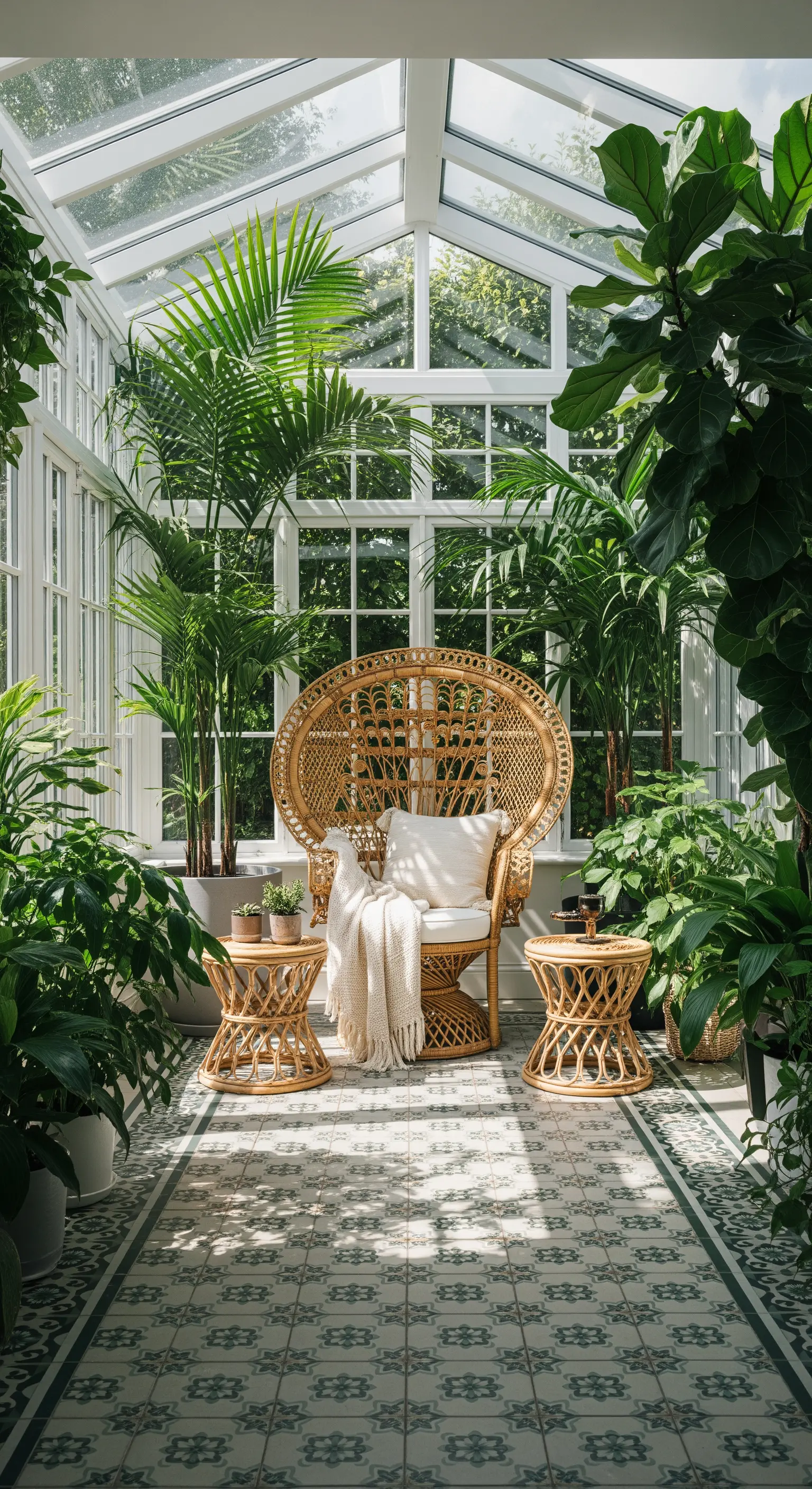 Wintergarten voller Pflanzen mit großem Pfauensessel aus Rattan