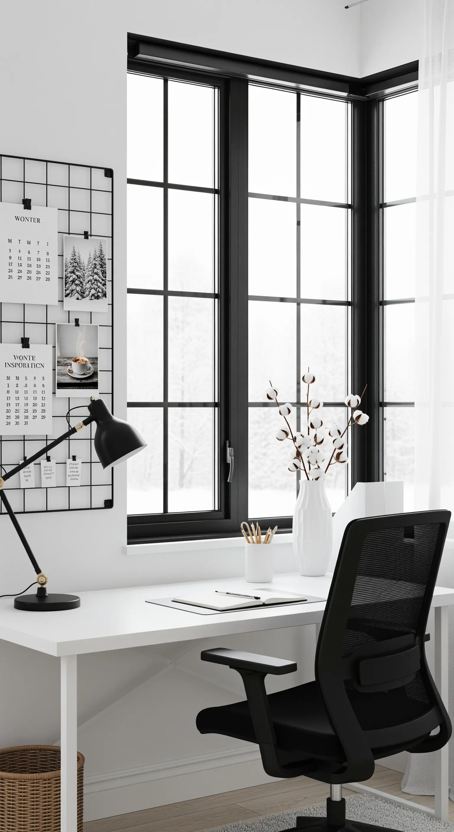 Weißer Schreibtisch am Fenster mit Baumwollzweigen und schwarzer Arbeitsleuchte