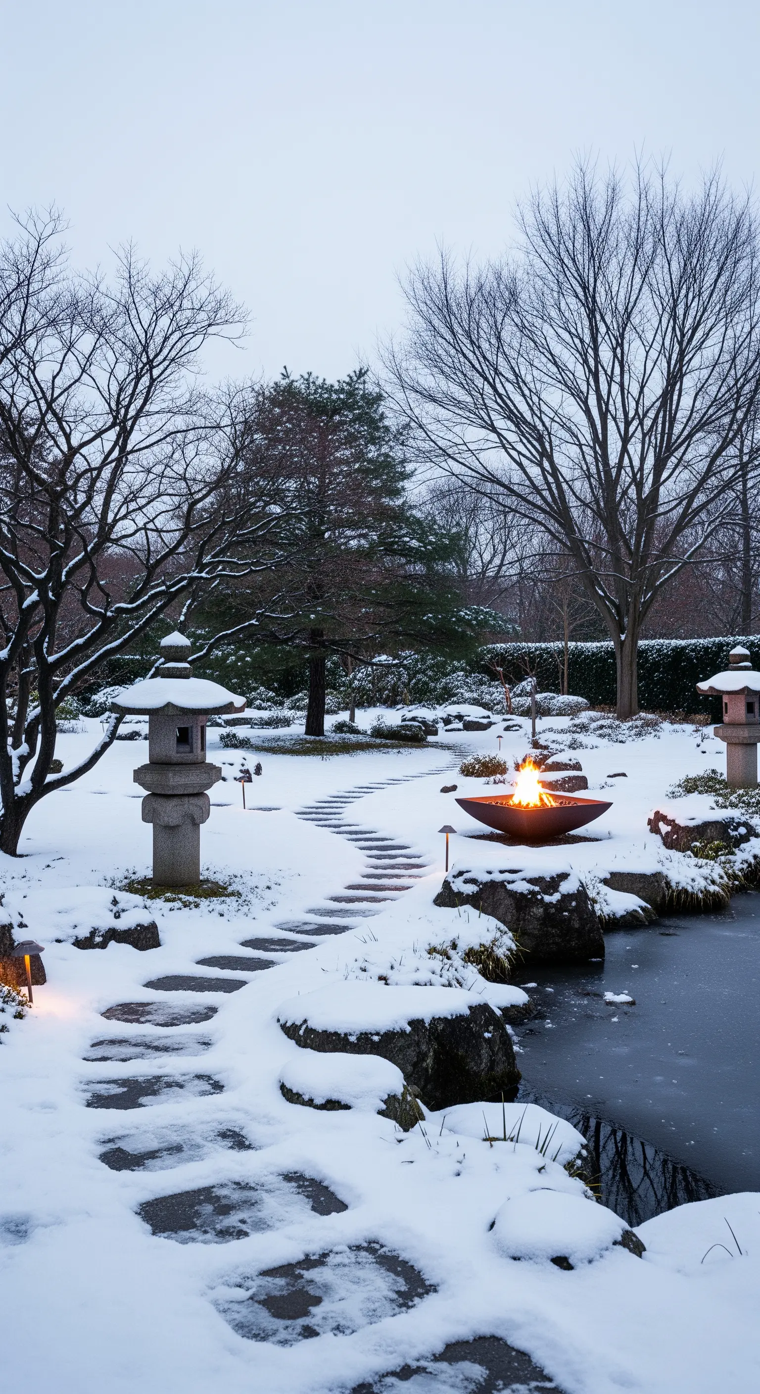 Verschneiter Japandi Garten mit Feuerschale