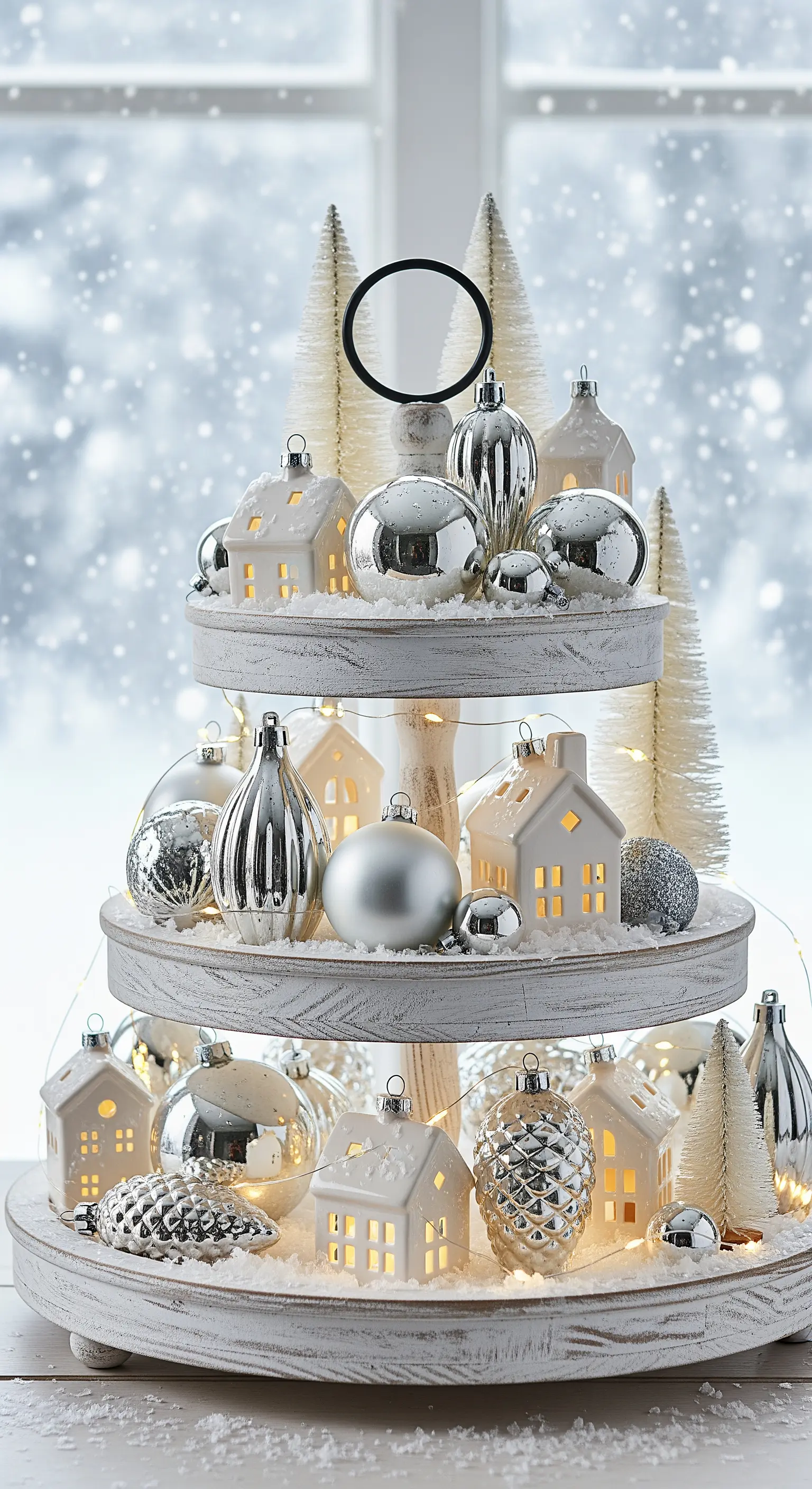 Weiße Etagere mit Lichthäusern, Silberkugeln und Kunstschnee