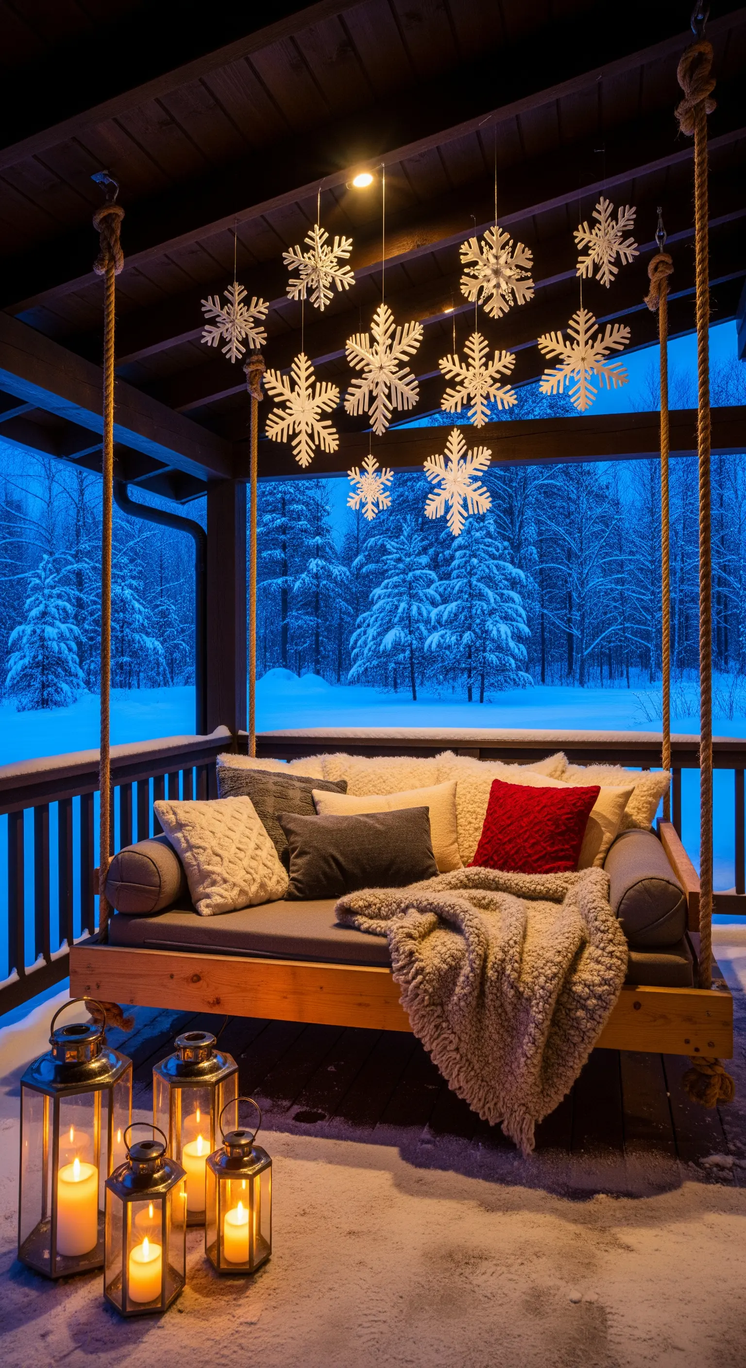 Überdachte Veranda mit einer hängenden Schaukelbank, dekoriert mit leuchtenden Schneeflocken und Laternen.