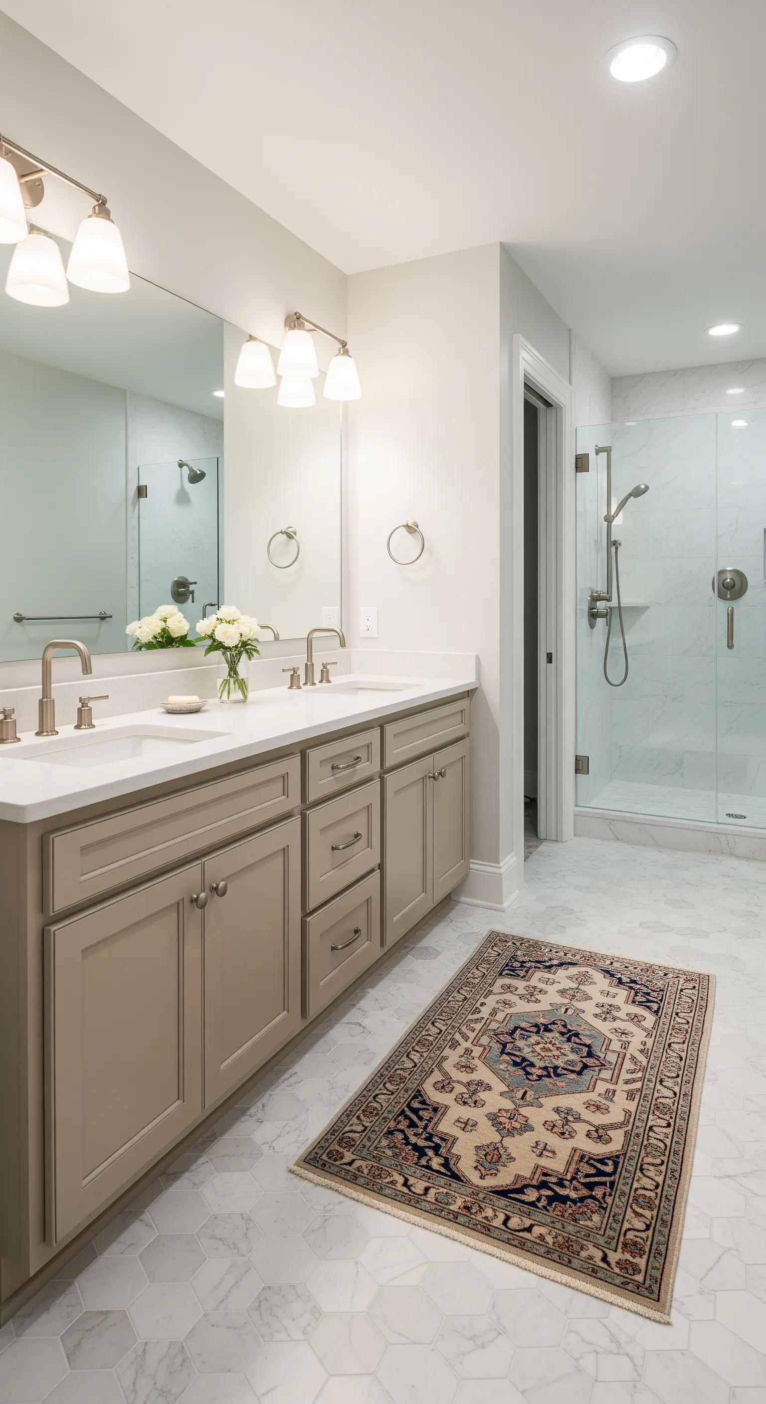 Klassischer Orientteppich vor langem Doppelwaschtisch