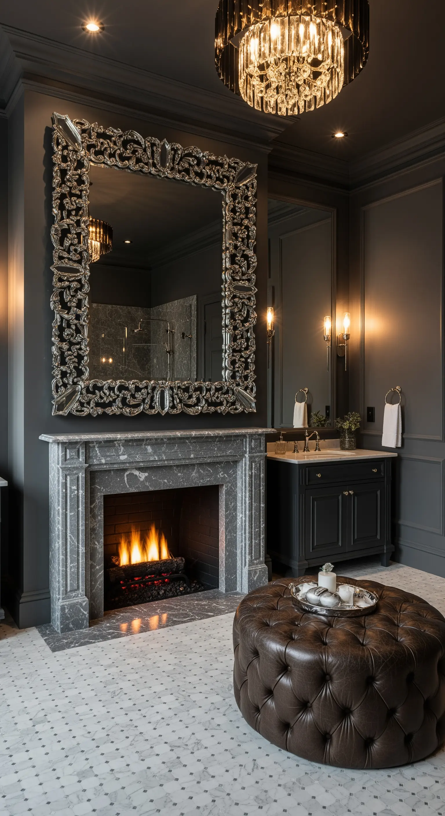 Dunkelgraues Bad mit Kamin, großem Silberrahmen-Spiegel und Lederhocker