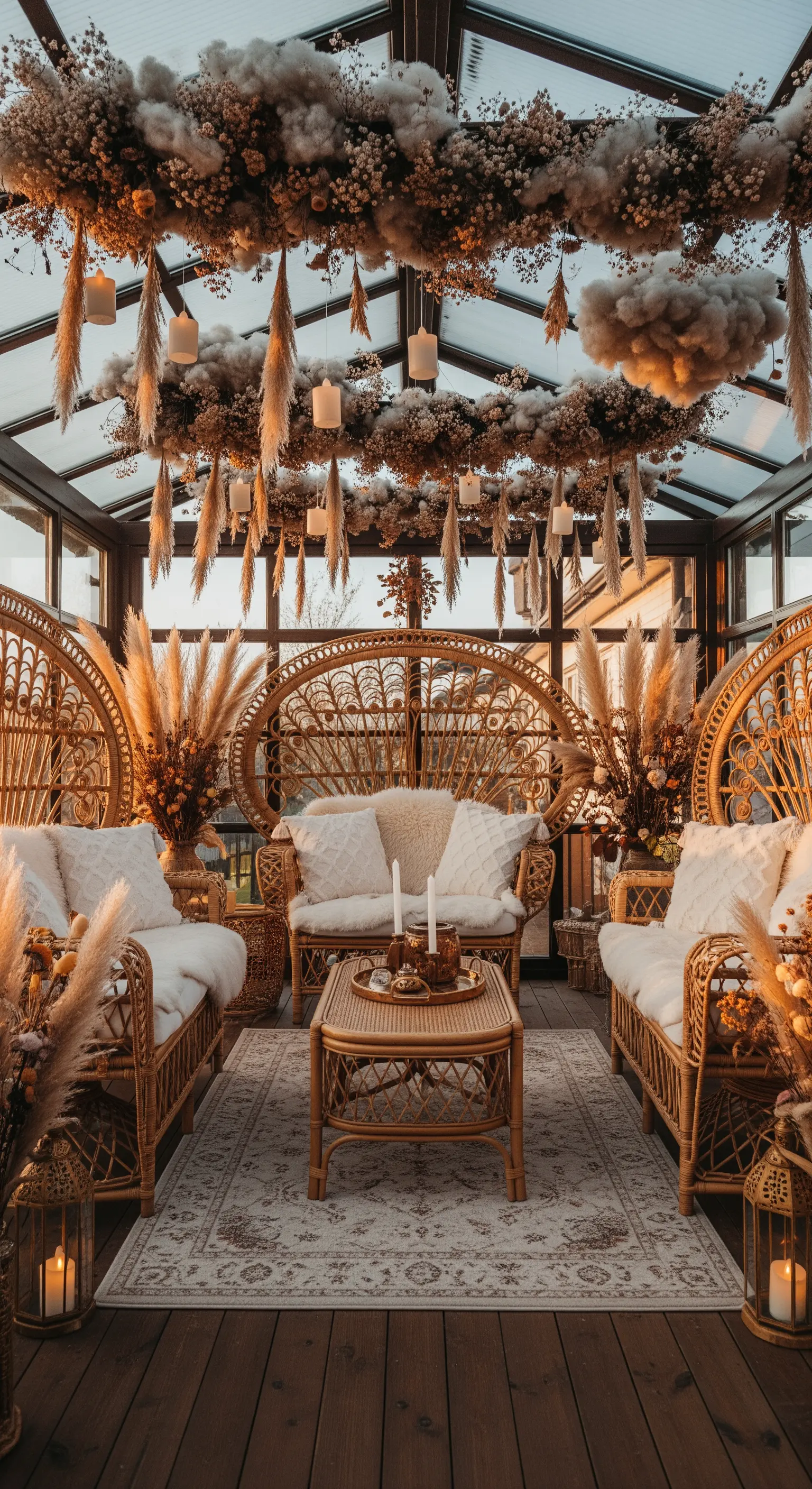 Wintergarten mit Deckeninstallation aus Trockenblumen