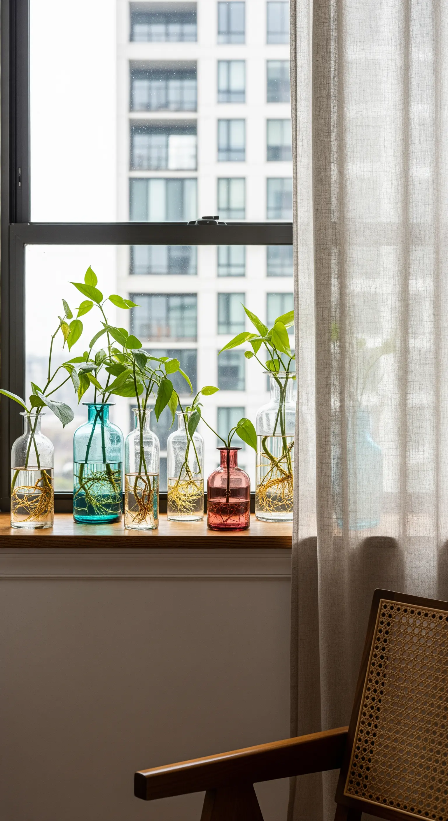 Fensterbank mit Pflanzenablegern in bunten Glasvasen