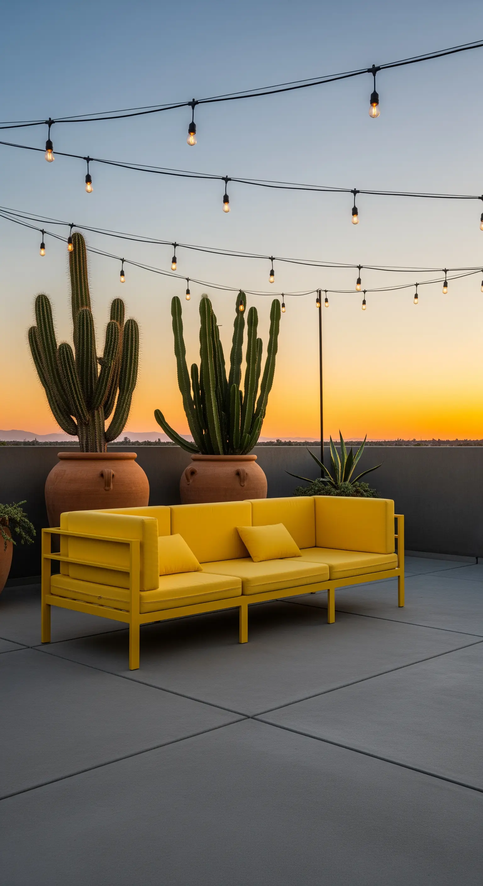 Dachterrasse mit großen Kakteen und gelbem Sofa