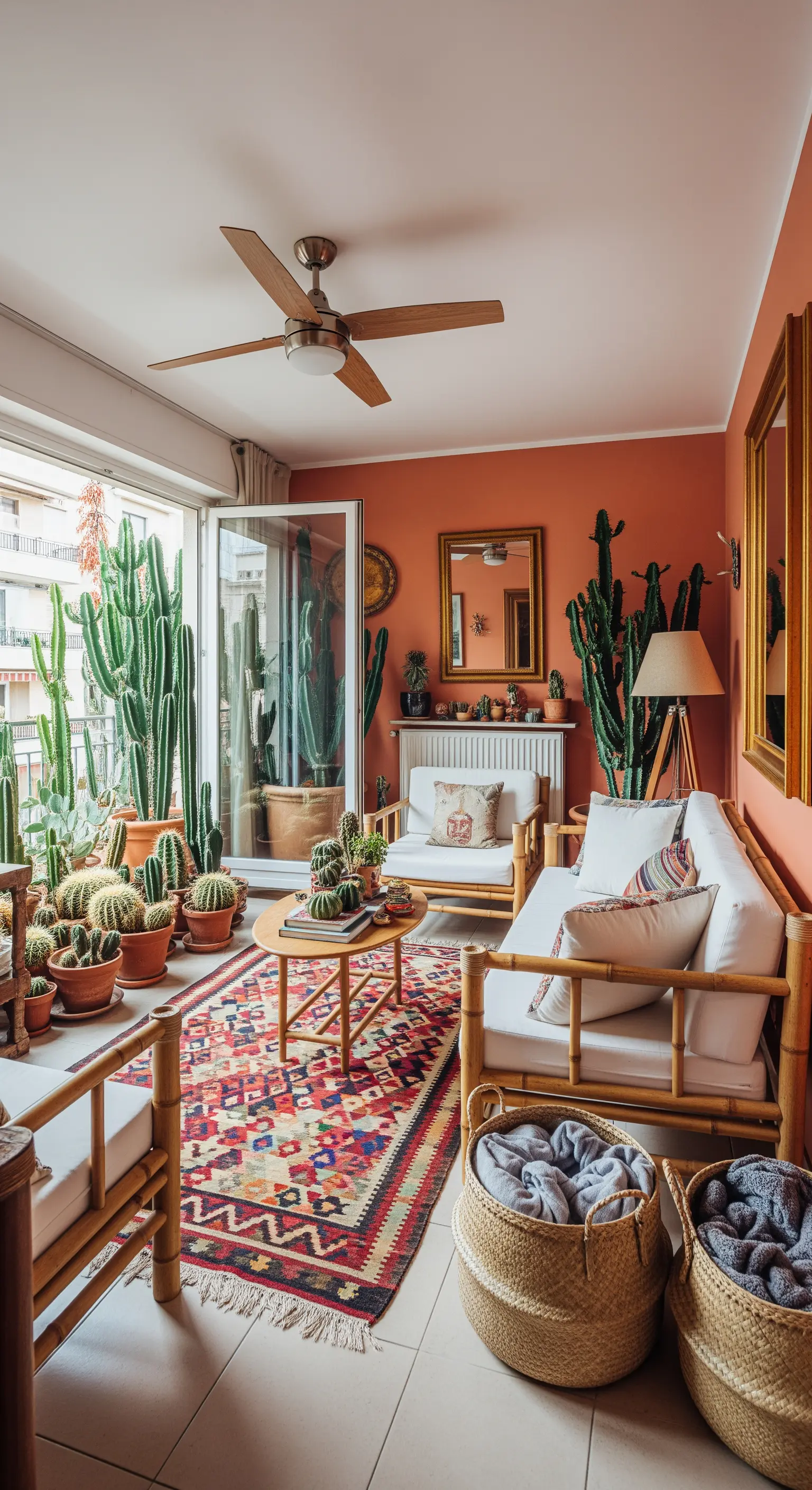 Wohnzimmer in Rostrot mit vielen großen Kakteen