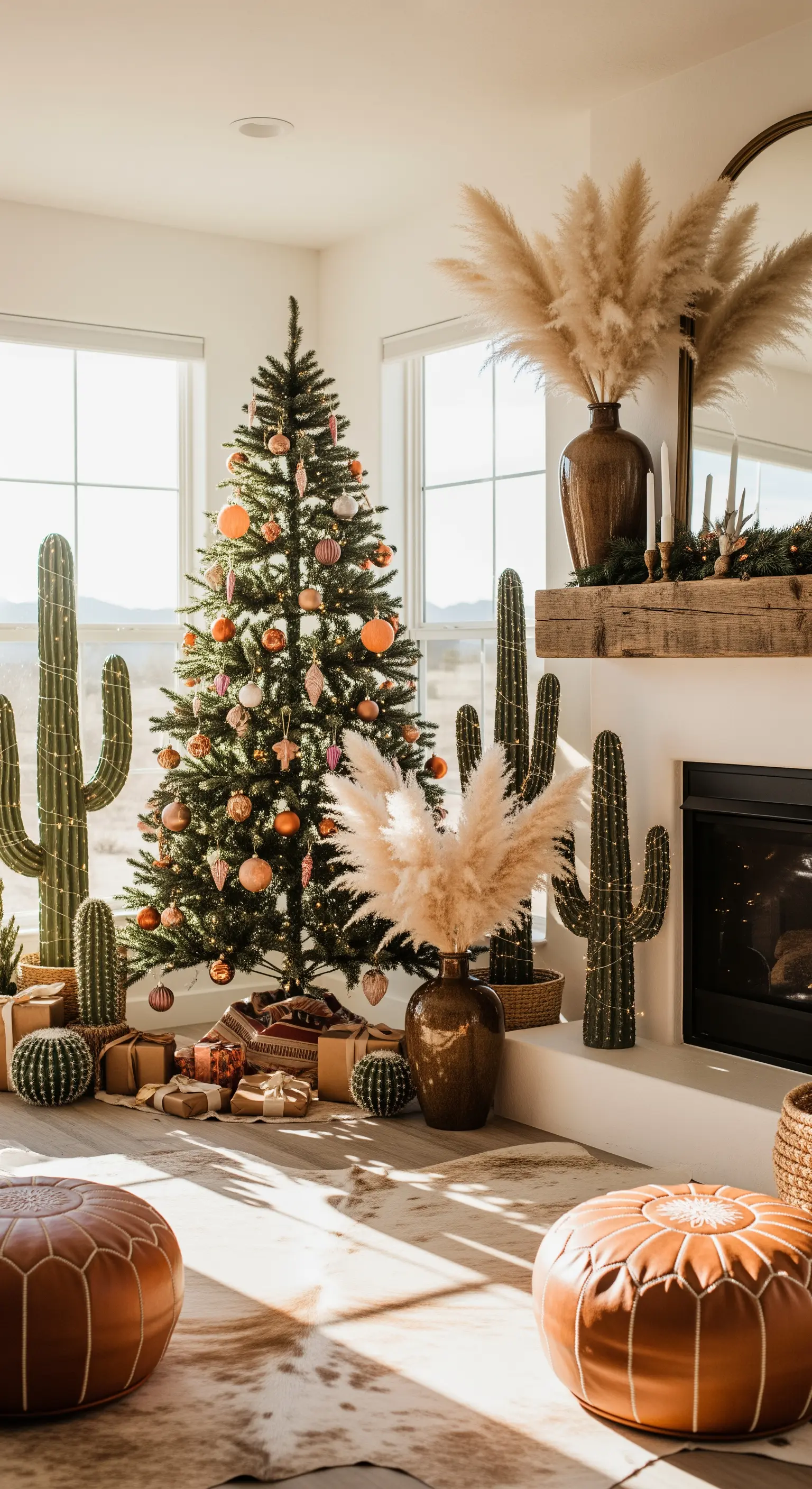 Große Kakteen mit Lichterketten neben Weihnachtsbaum und Pampasgras