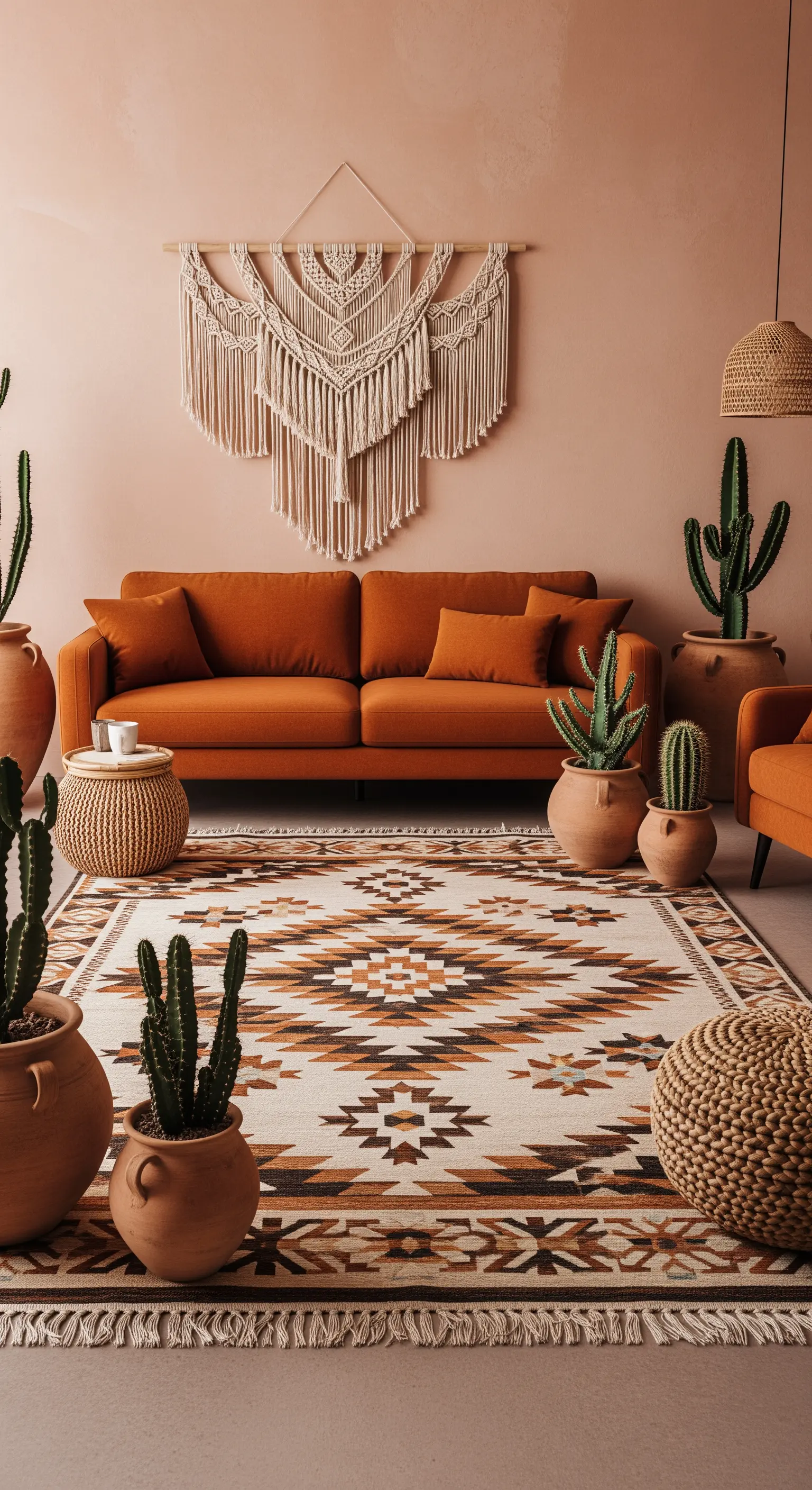 Terrakotta Wohnzimmer mit großem Makramee und Kakteen