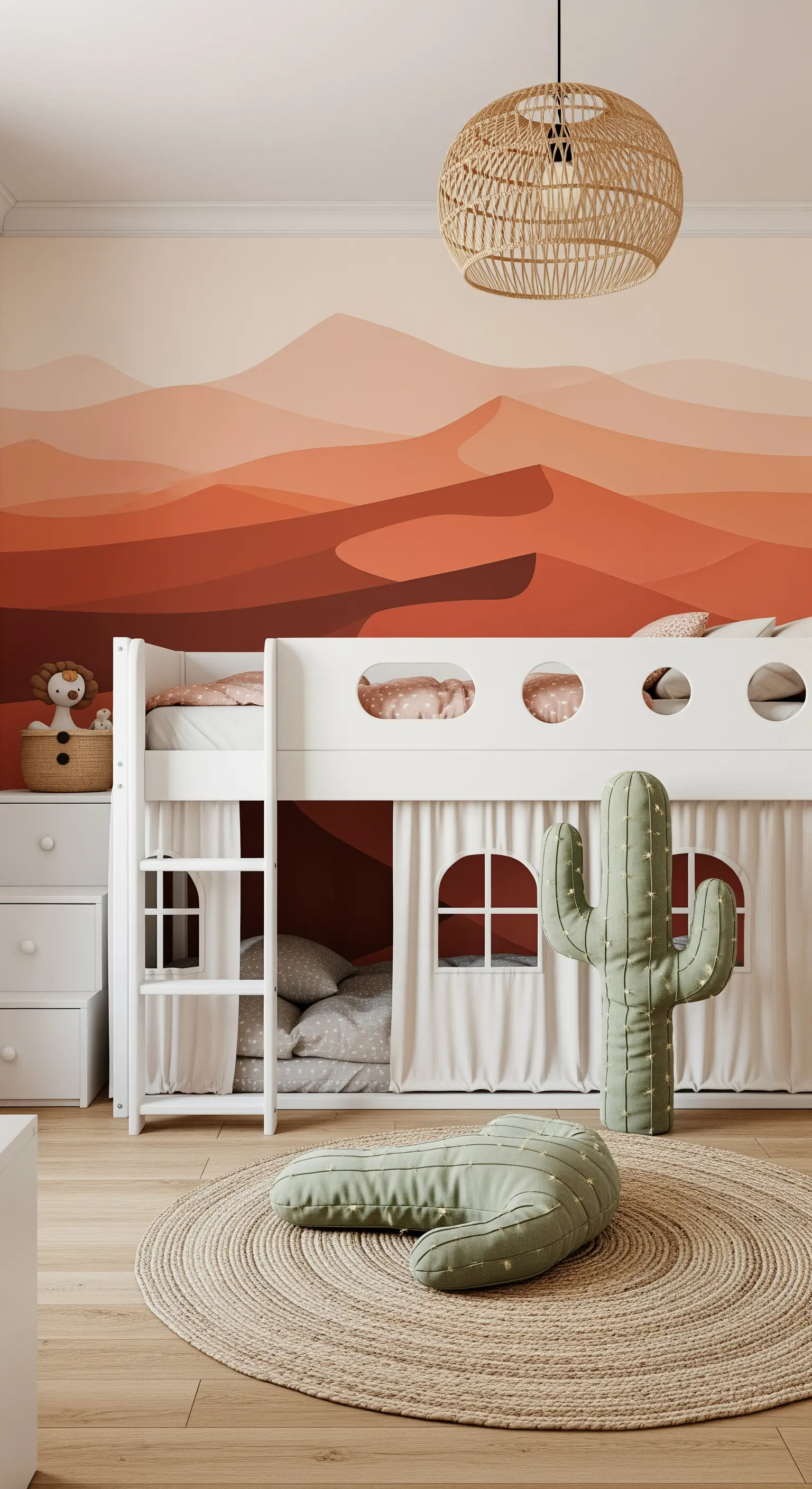 Wandgemälde mit Wüstendünen in Orange und Kaktus-Kissen