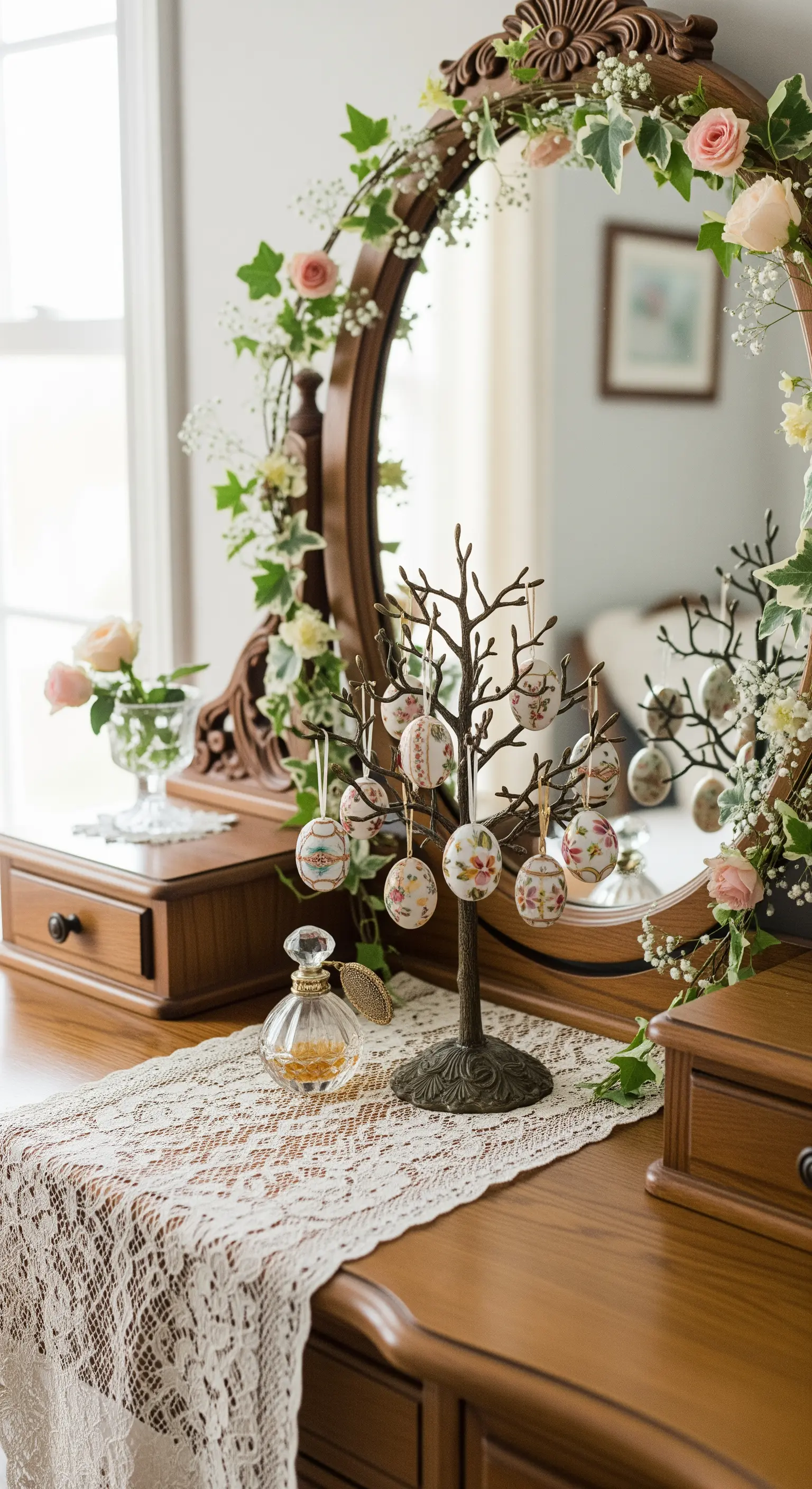 Schmuckbaum behängt mit Mini-Eiern auf Spitzenläufer vor Spiegel