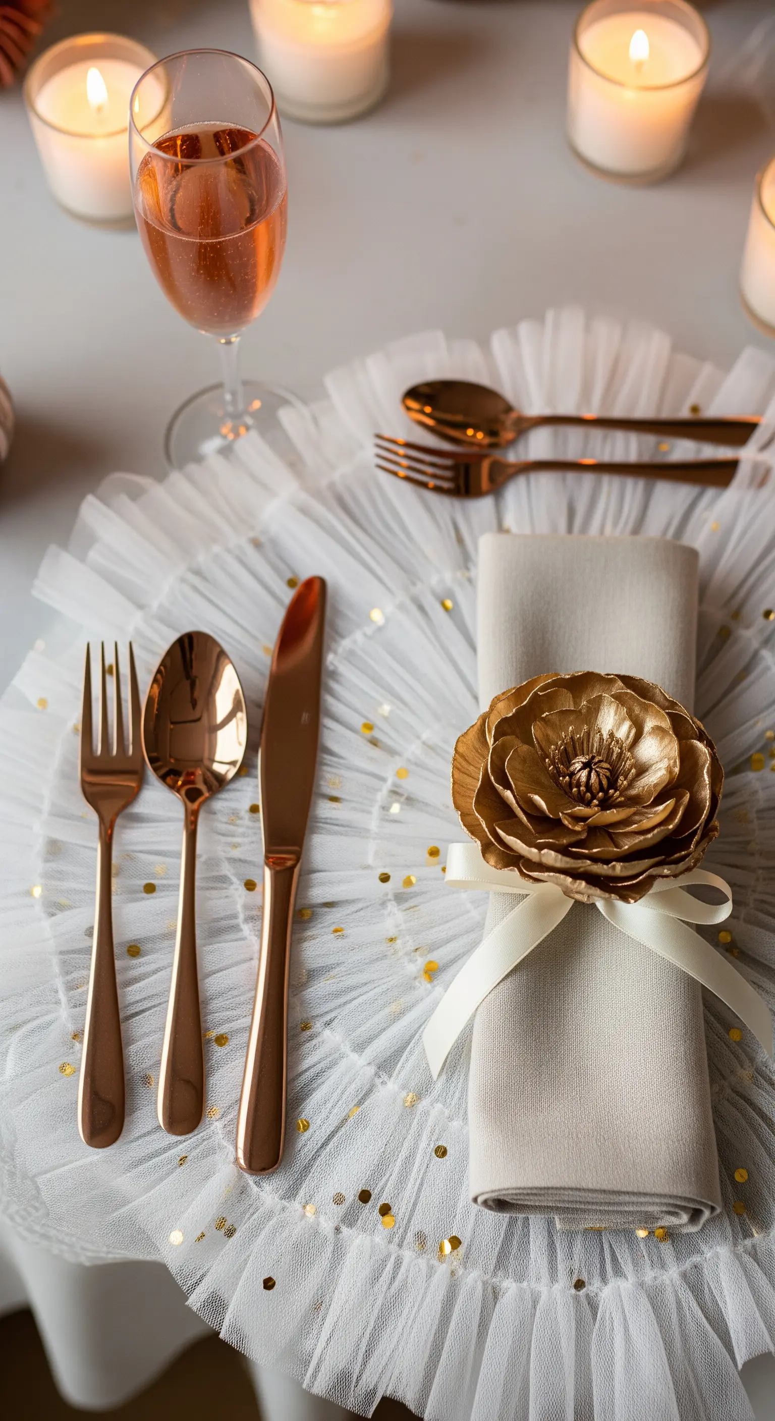 Tüll-Untersetzer mit goldener Blumen-Serviettenklammer