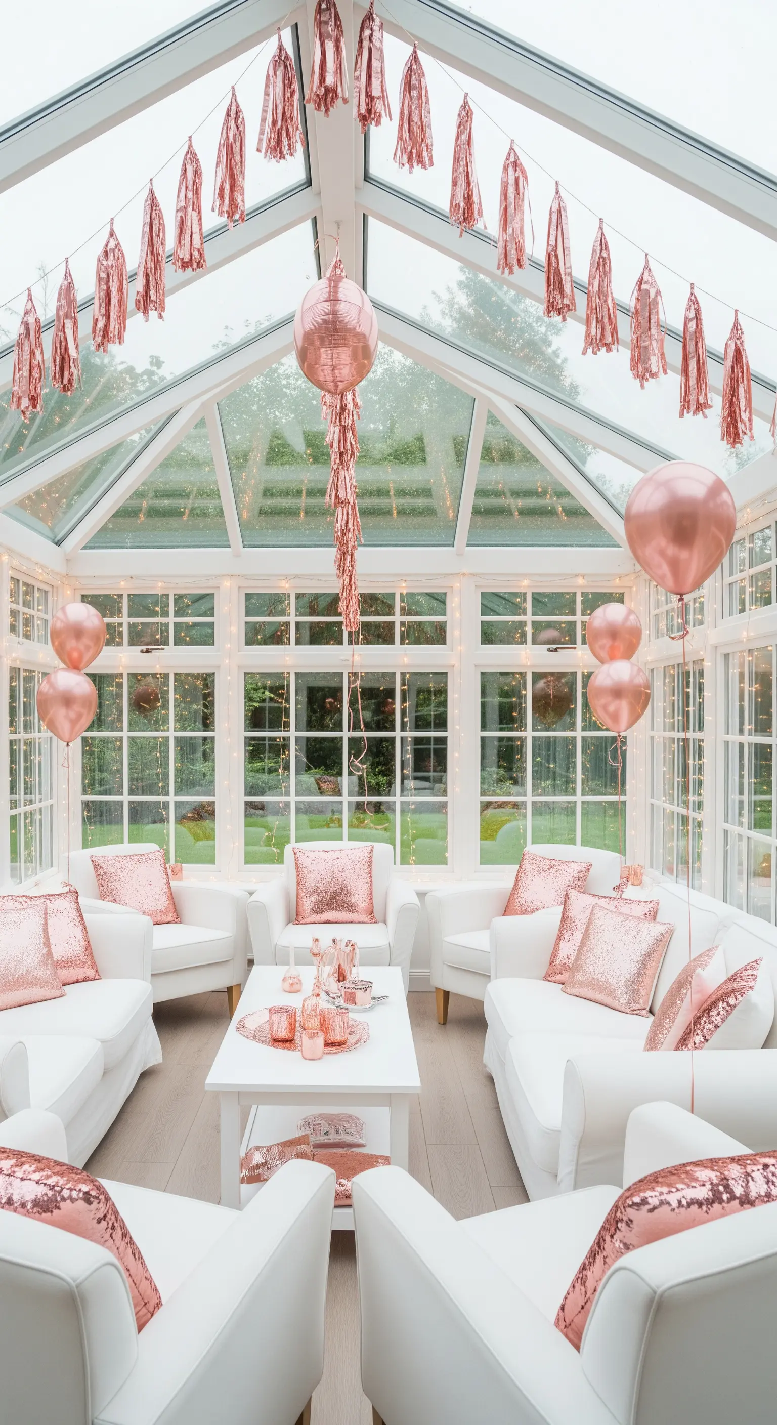 Heller Wintergarten mit roségoldenen Ballons und Kissen