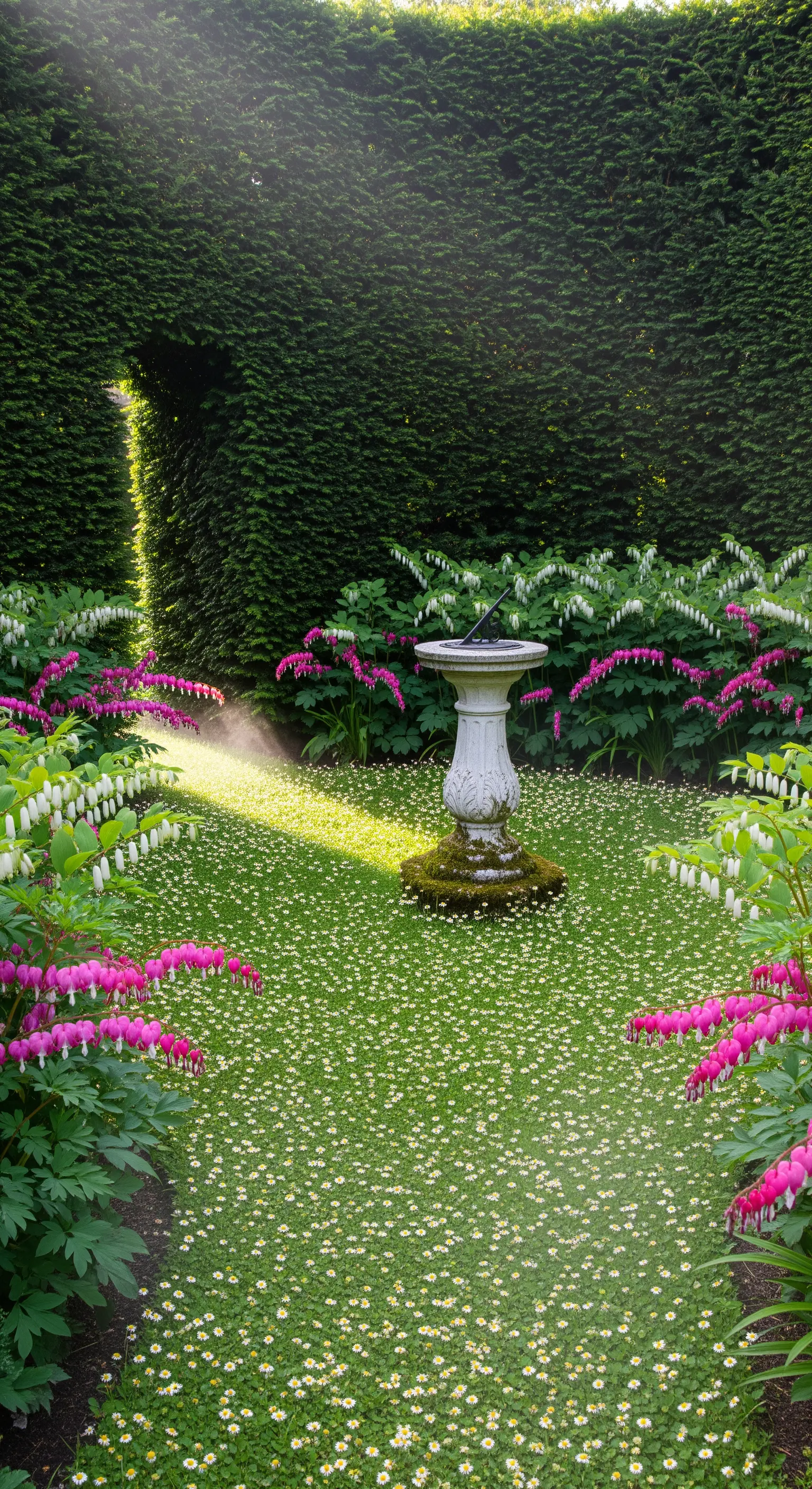 Sonnenuhr umgeben von Gänseblümchen