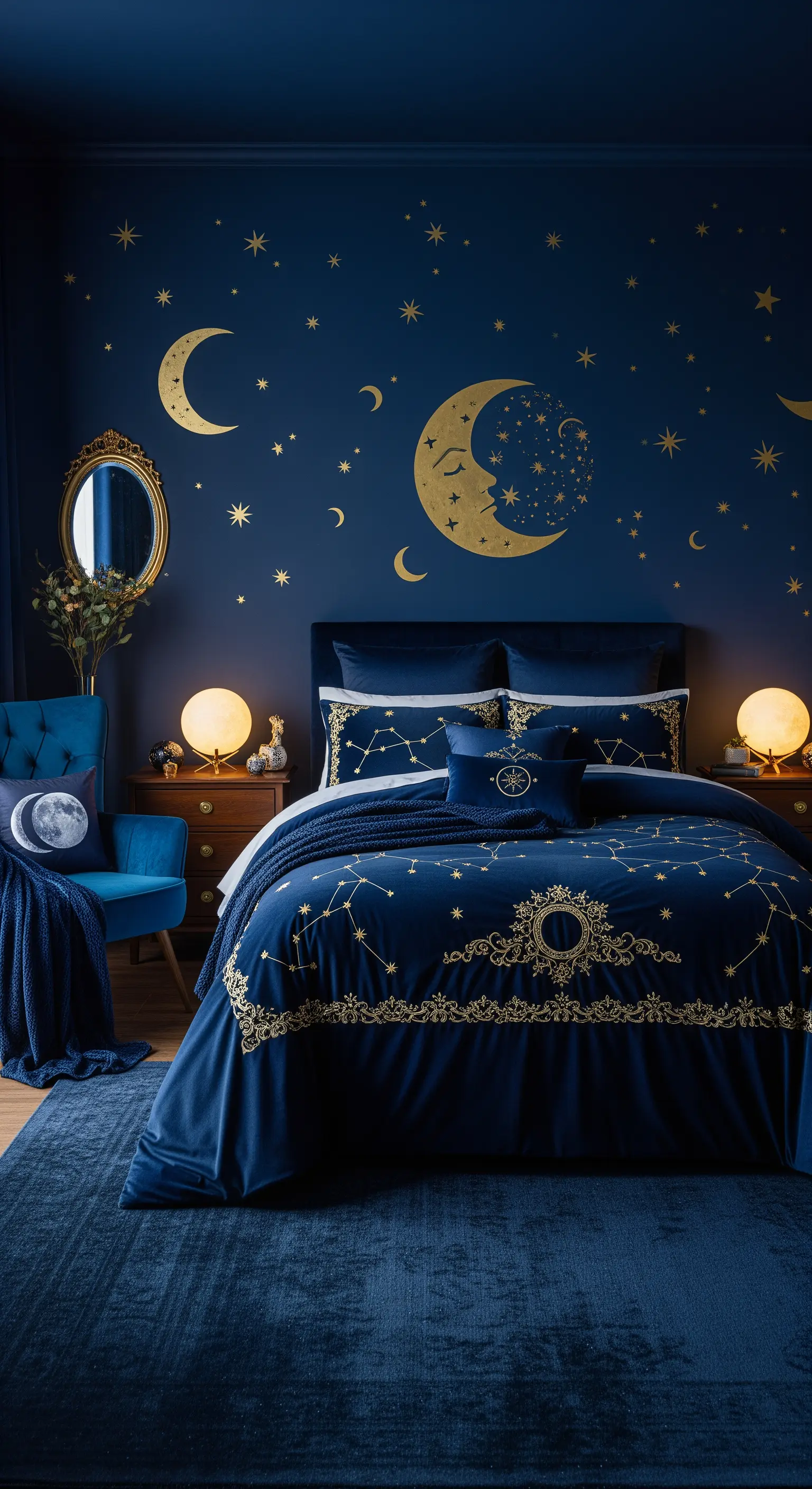 Blaues Schlafzimmer mit goldenen Mond-Wandtattoos