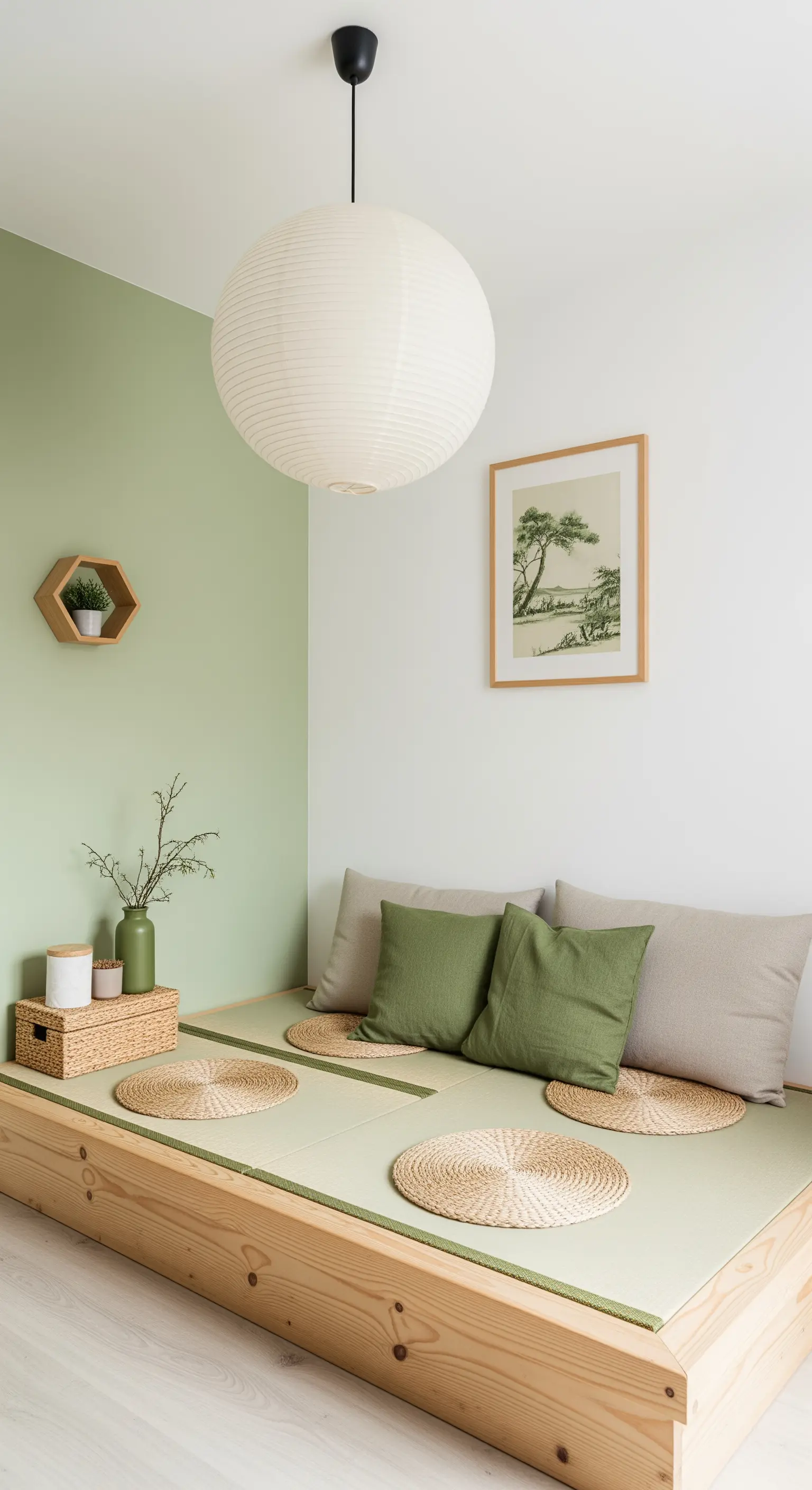 Niedriges Holzbett mit grünen Kissen und Papierlampe