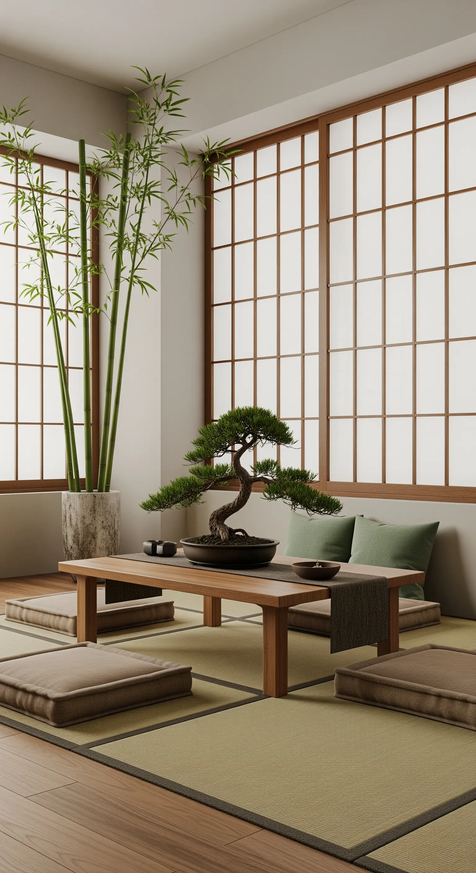 Niedriger Holztisch mit Bonsai und Bodenkissen vor Shoji-Wand