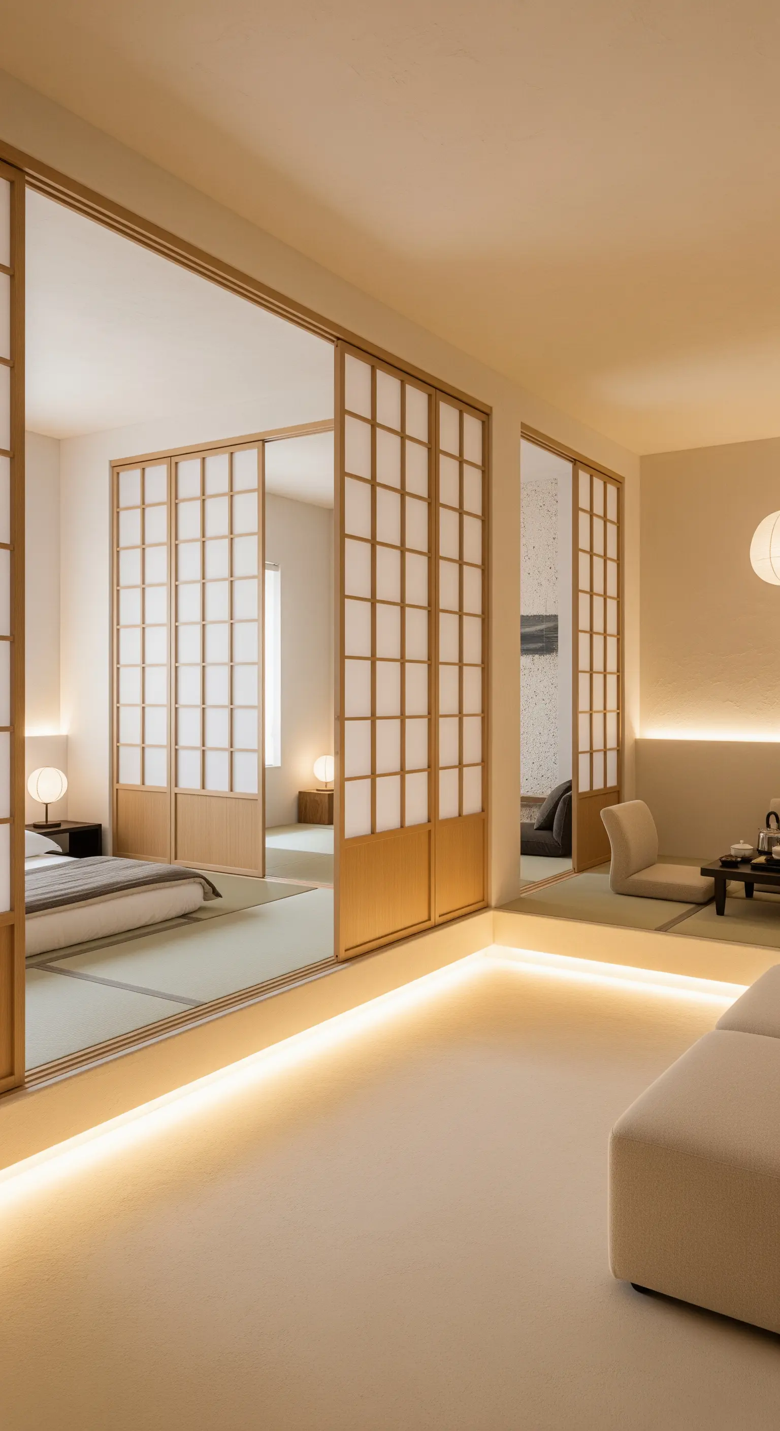 Minimalistisches Schlafzimmer mit japanischen Schiebetüren und Podest