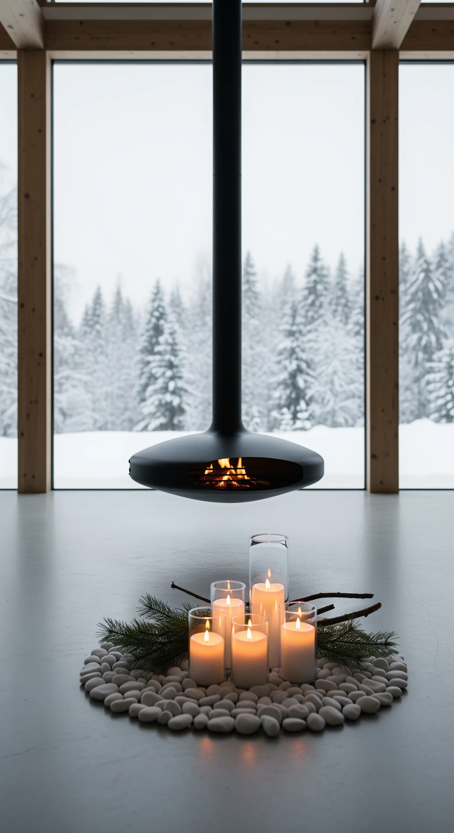 Schwebender Kamin mit Kieselstein-Deko