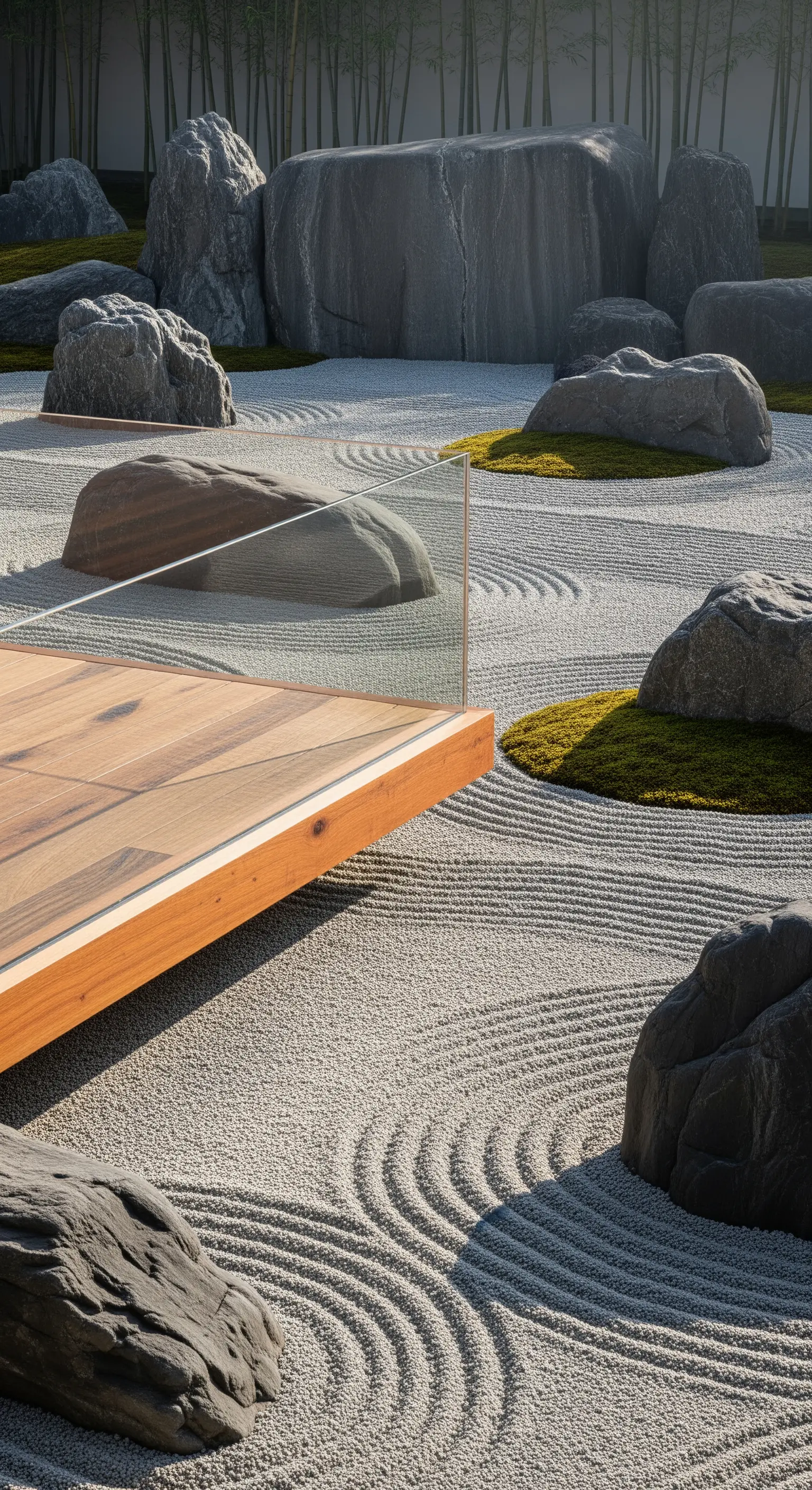 Geharkter Zen-Garten mit Felsen, gesehen von Holzterrasse mit Glas