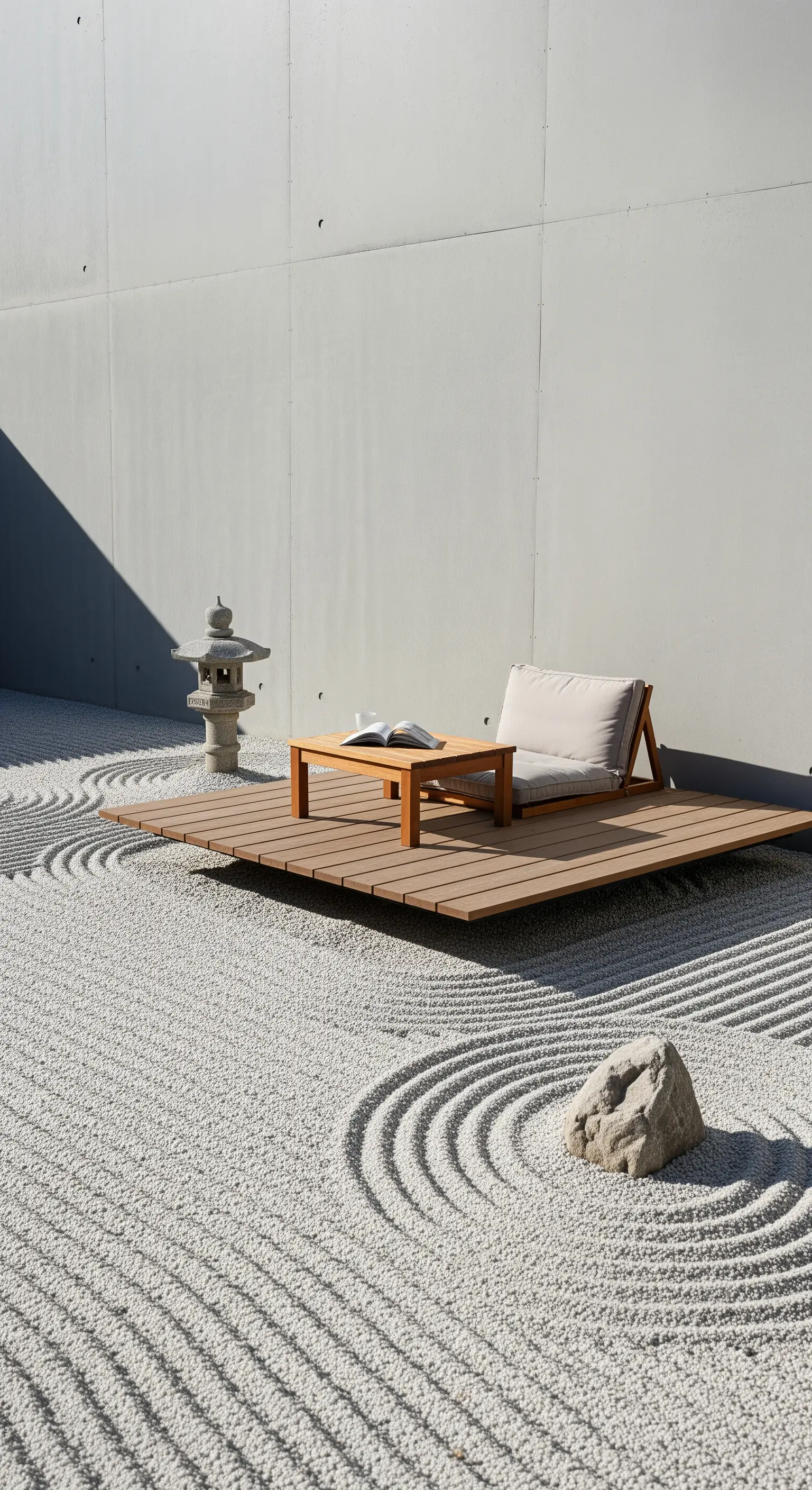 Holzpodest in geharktem Zen-Kiesgarten