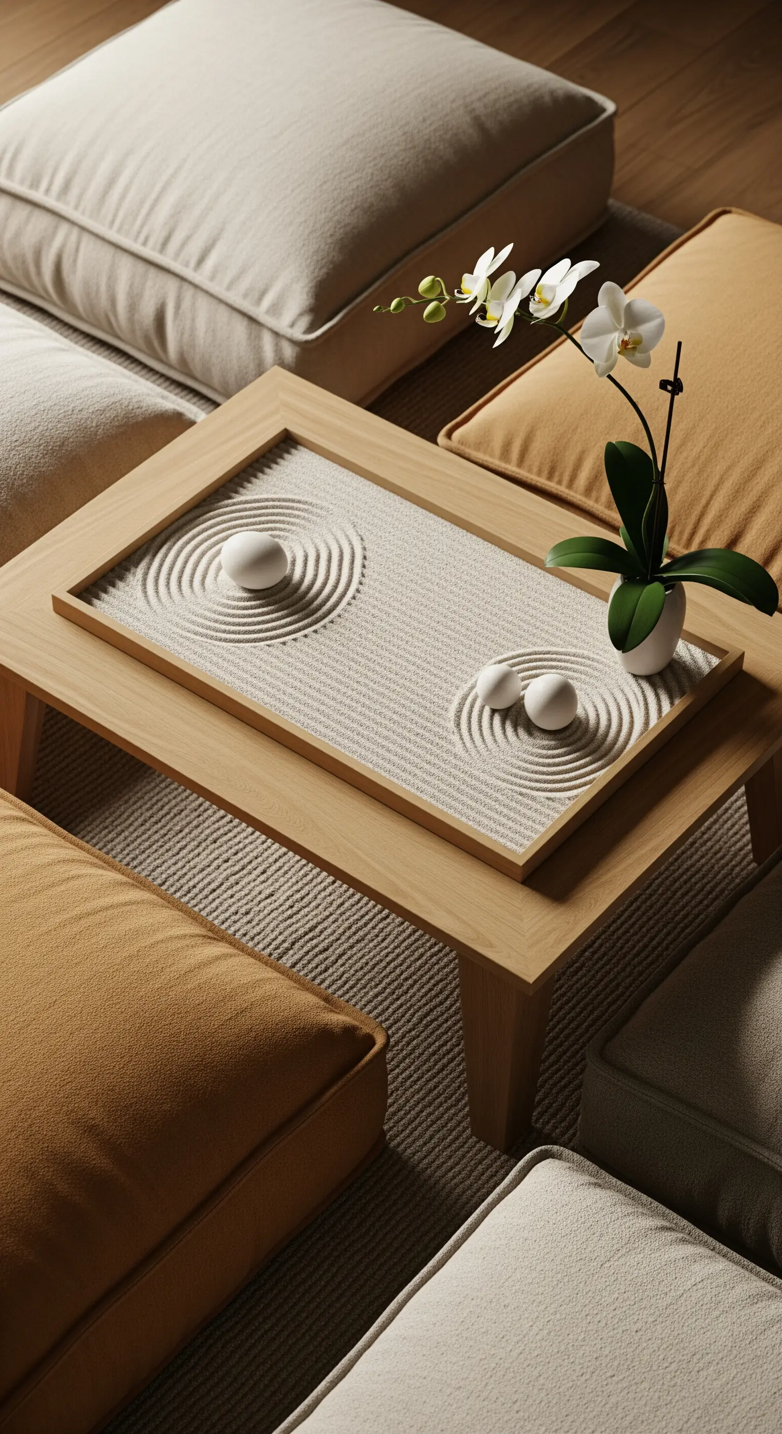 Tisch mit Zen-Garten, Sand und Orchidee