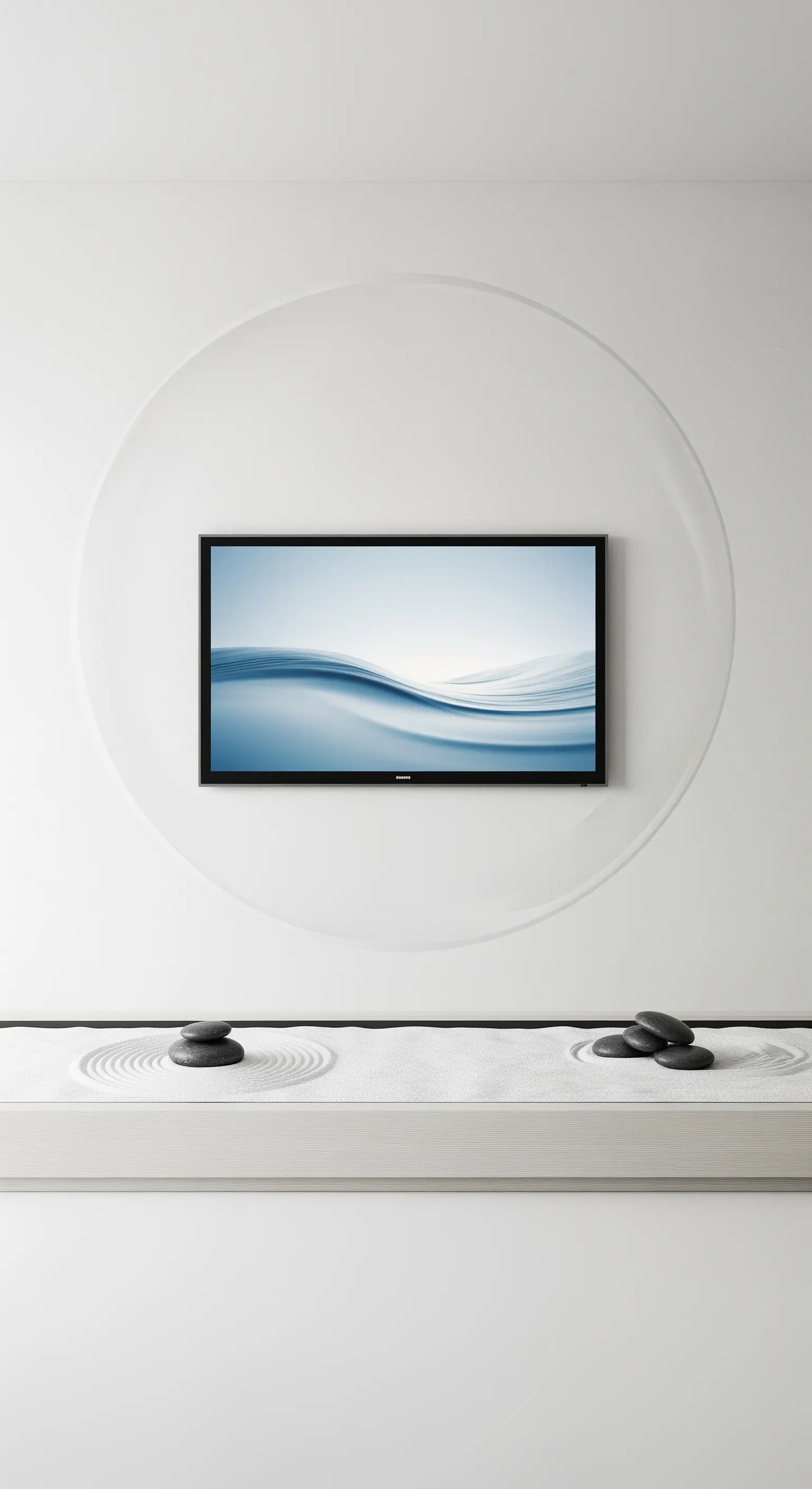 TV über minimalistischem Zen-Steingarten-Arrangement