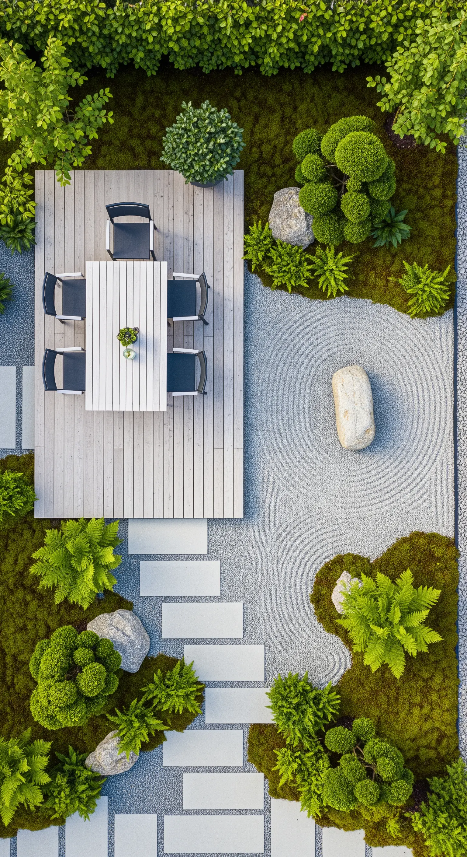 Draufsicht auf großen Zen-Garten mit geharkten Mustern