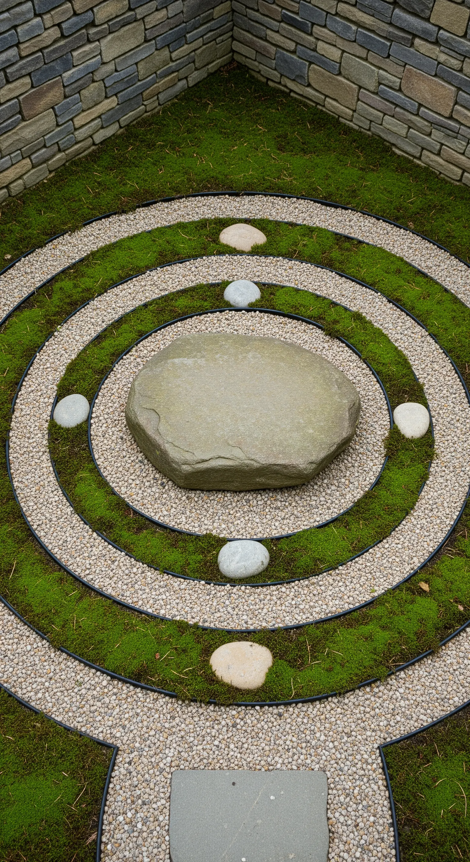 Kreisförmiges Muster aus Moos und Kies um einen zentralen Stein