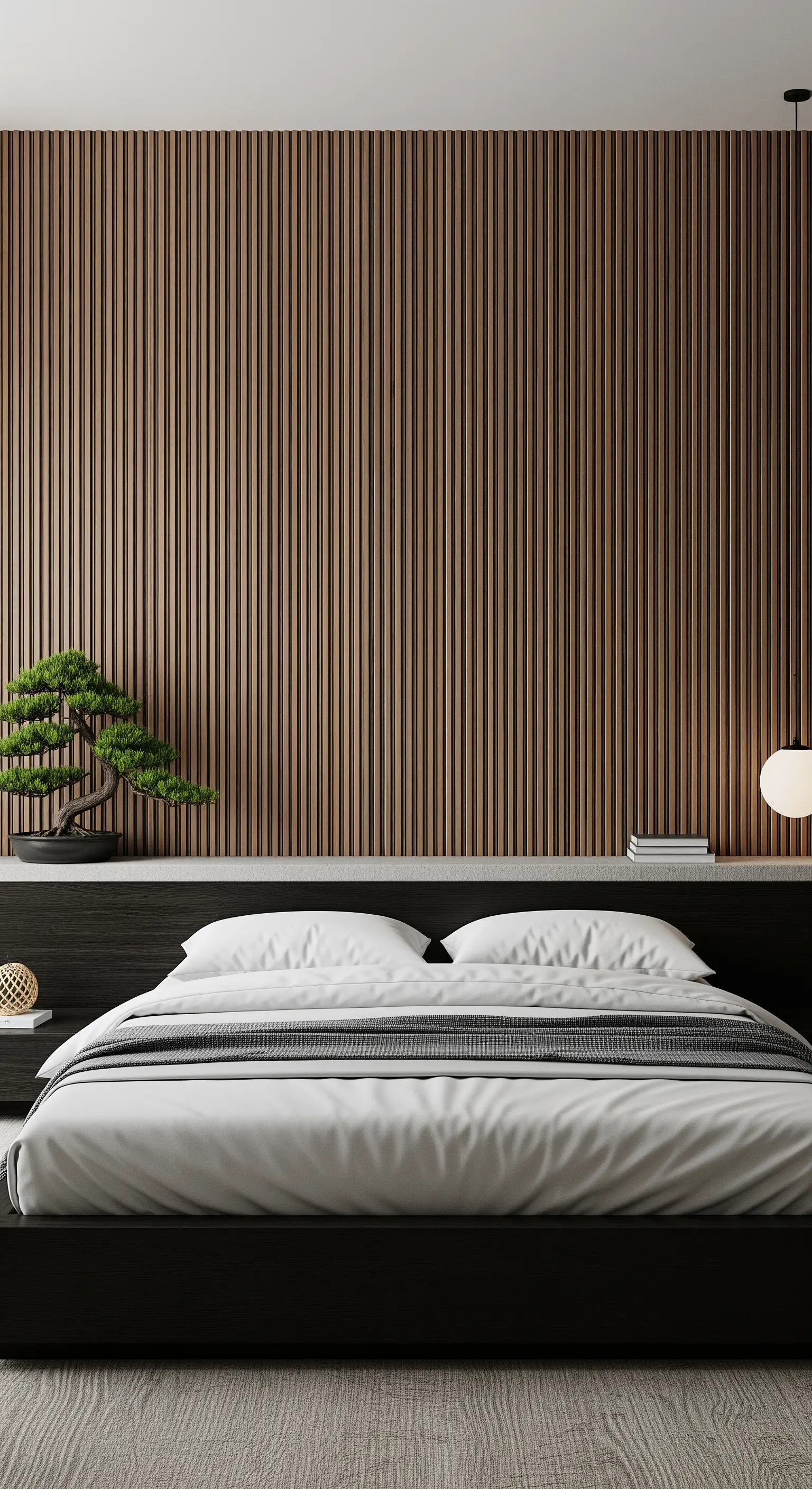 Schlafzimmer mit dunkler Holzlamellen-Wand und Bonsai