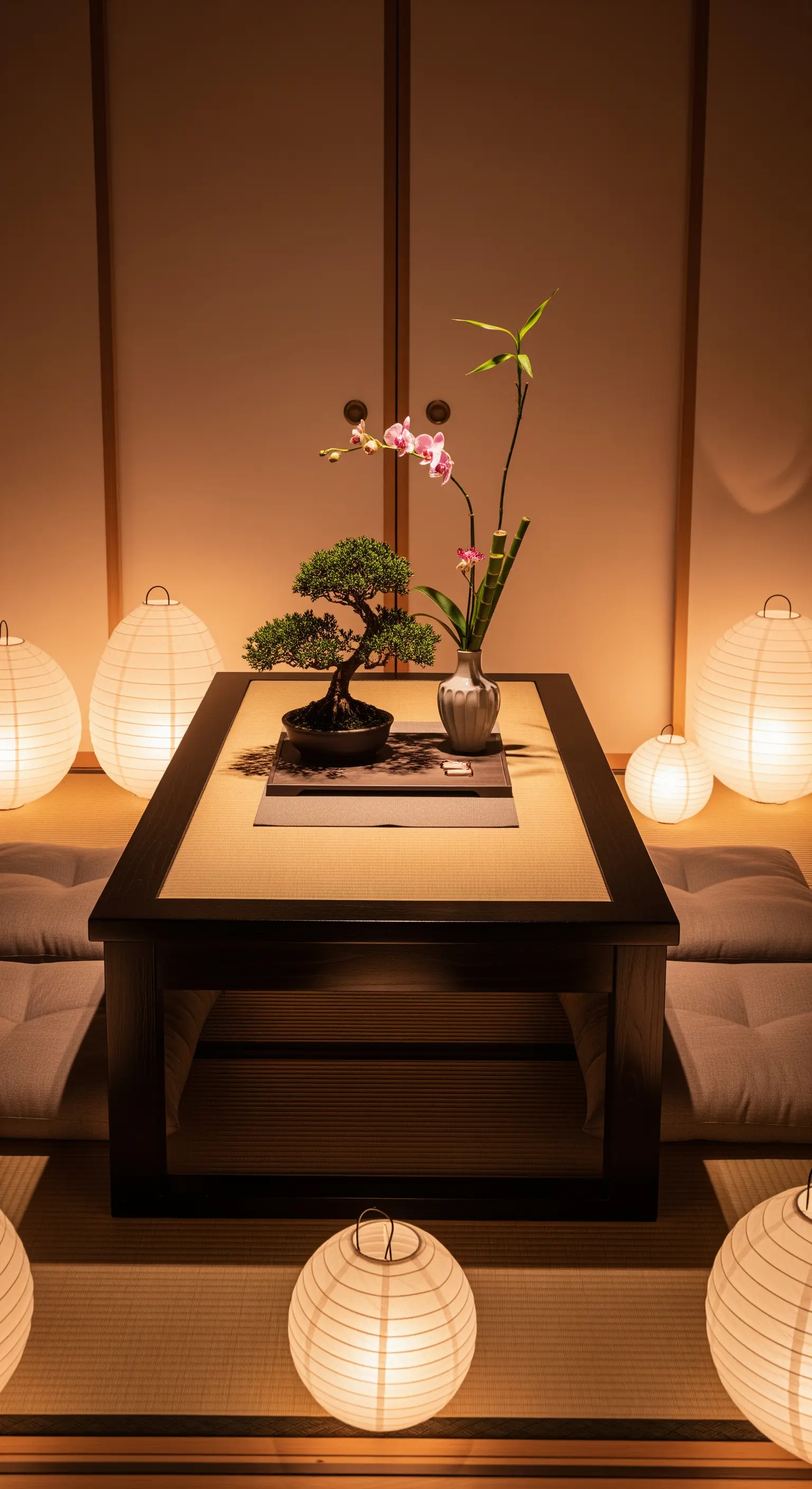Japanisch inspirierter Raum mit Tatami, Bonsai und Papierlampen