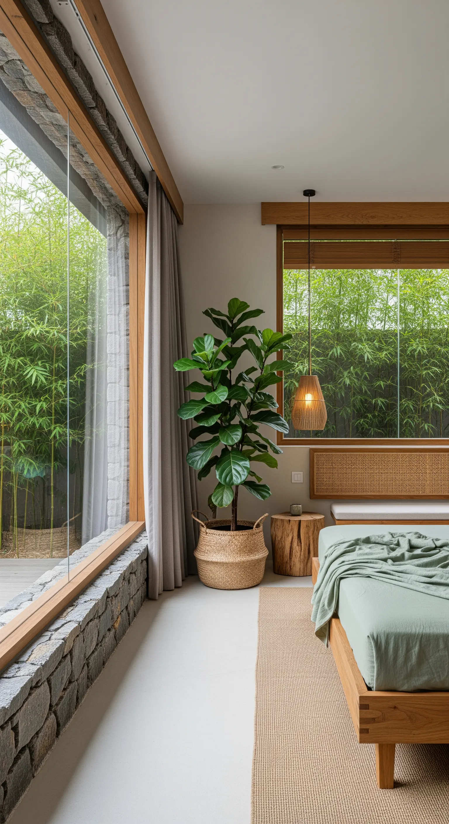 Schlafzimmer mit großem Fenster und Bambusgarten