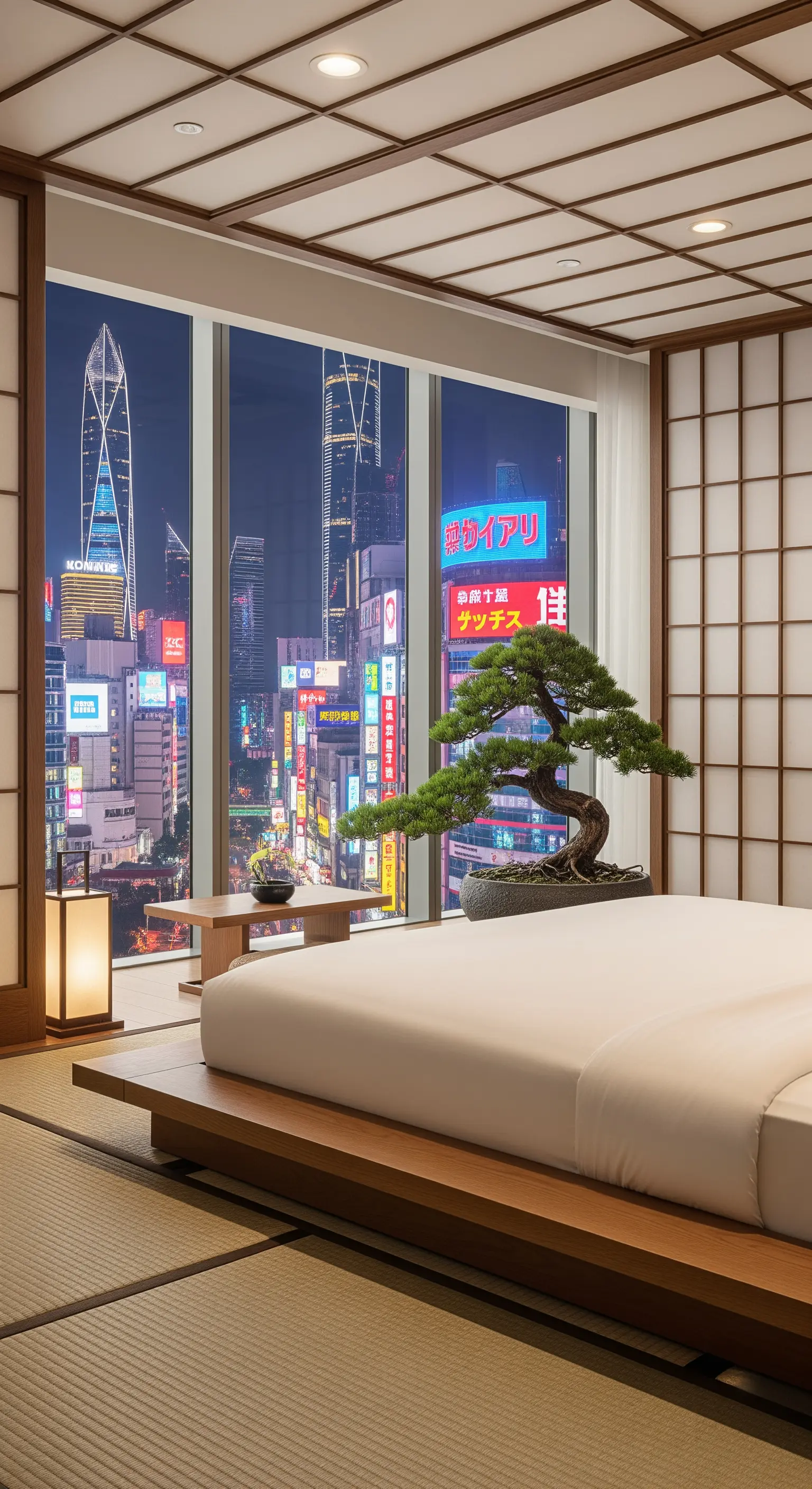 Japanisch inspiriertes Schlafzimmer mit Bonsai-Baum und Neon-Reklamen im Hintergrund