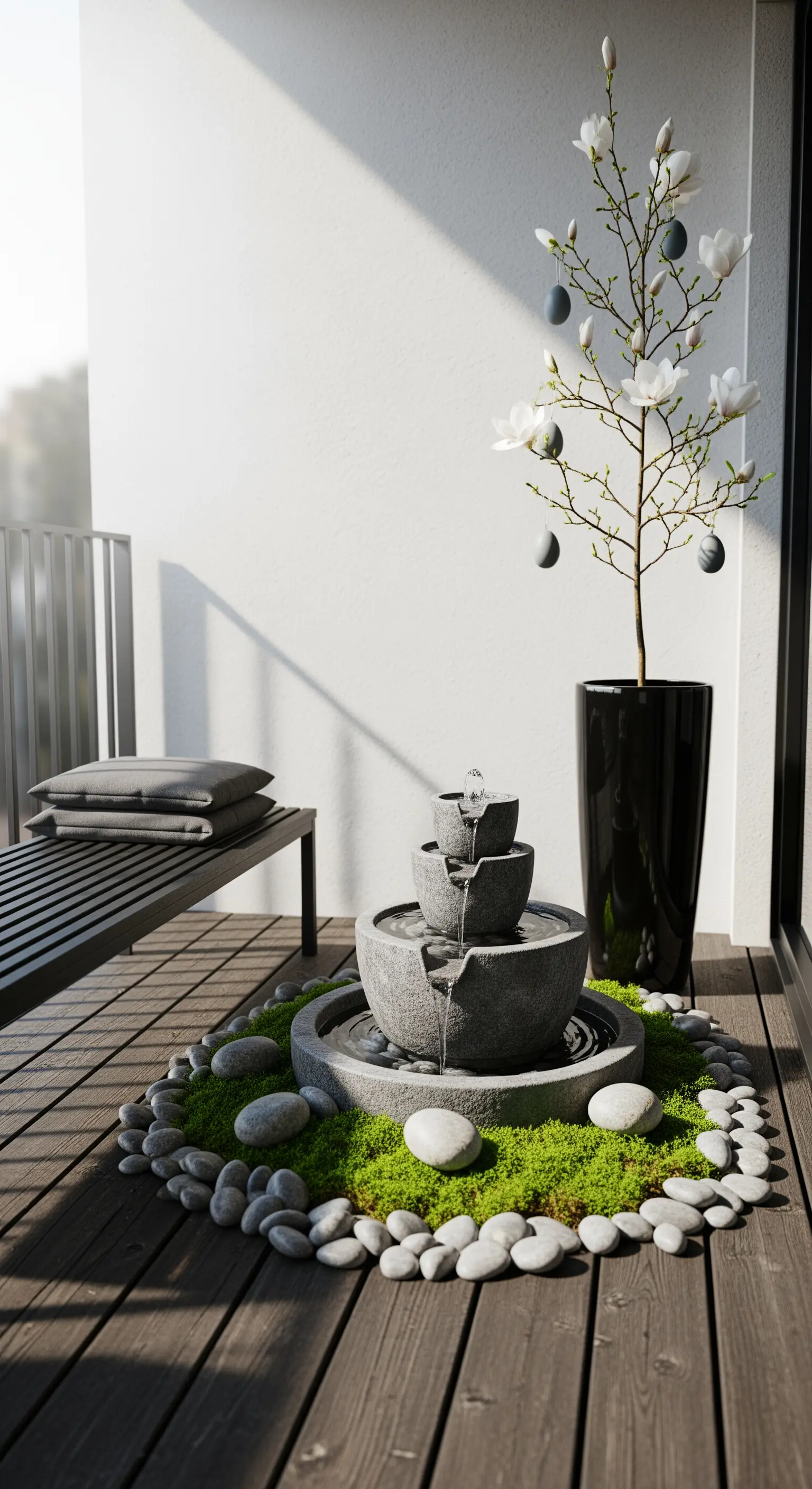 Minimalistischer Brunnen mit Magnolienbaum und grauen Eiern