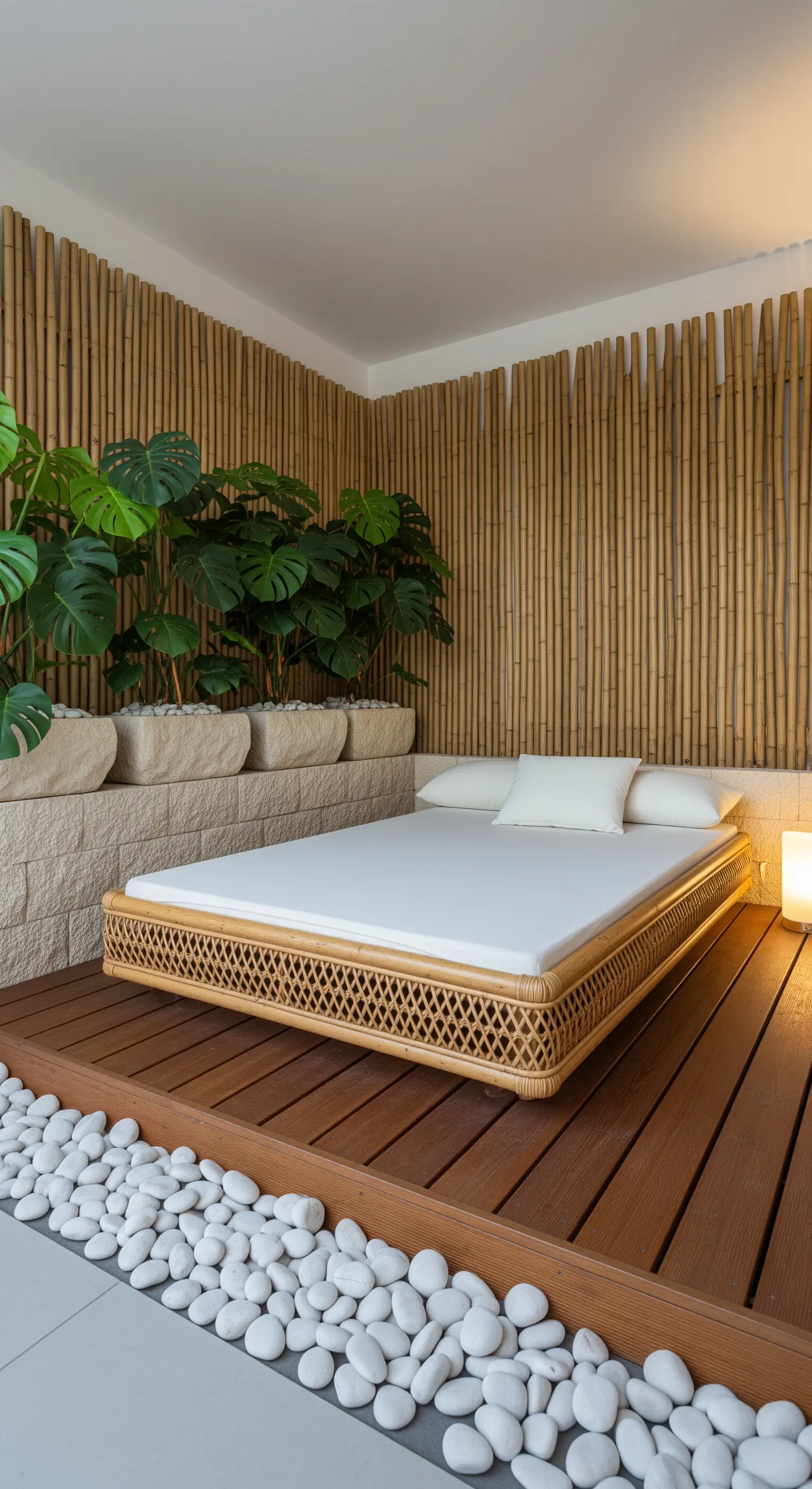 Outdoor-Bett auf Holzpodest umgeben von Bambuswänden und weißen Kieselsteinen