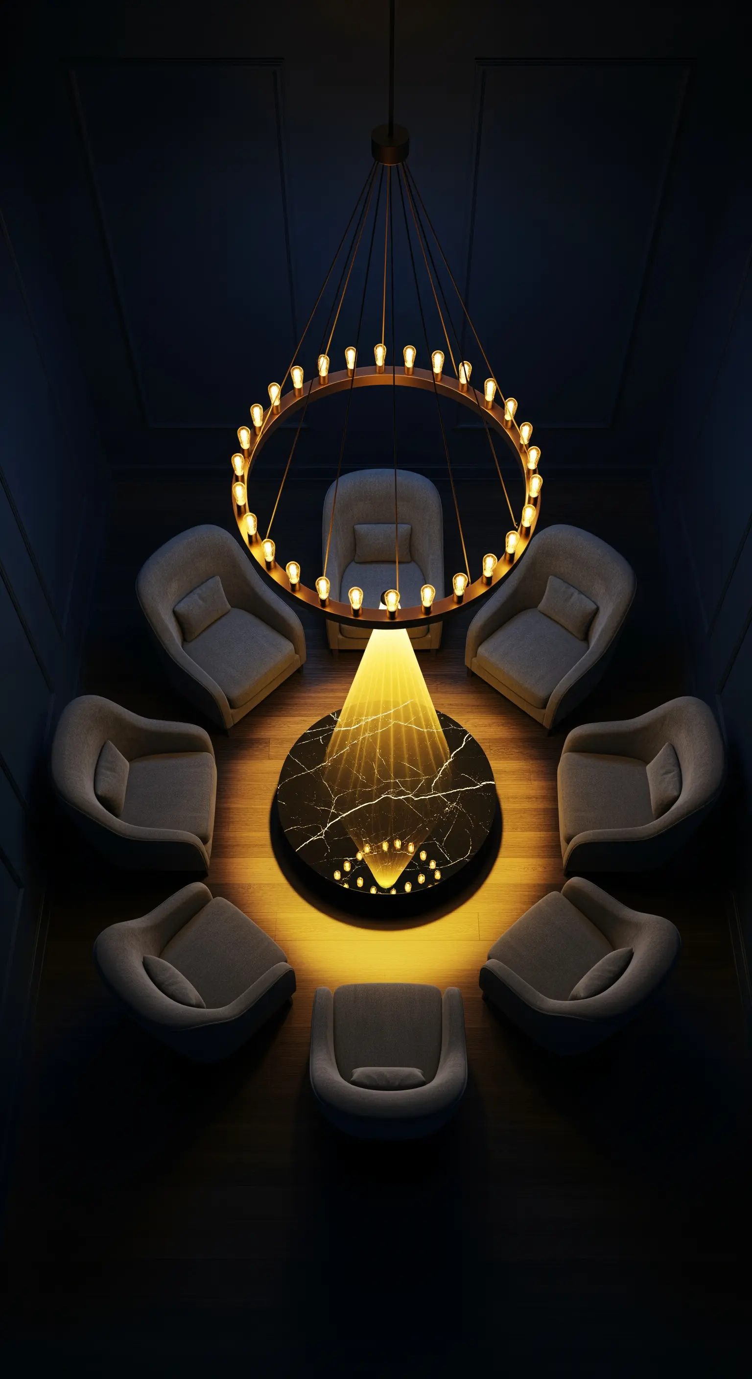 Runder Ring-Kronleuchter über Sesselkreis