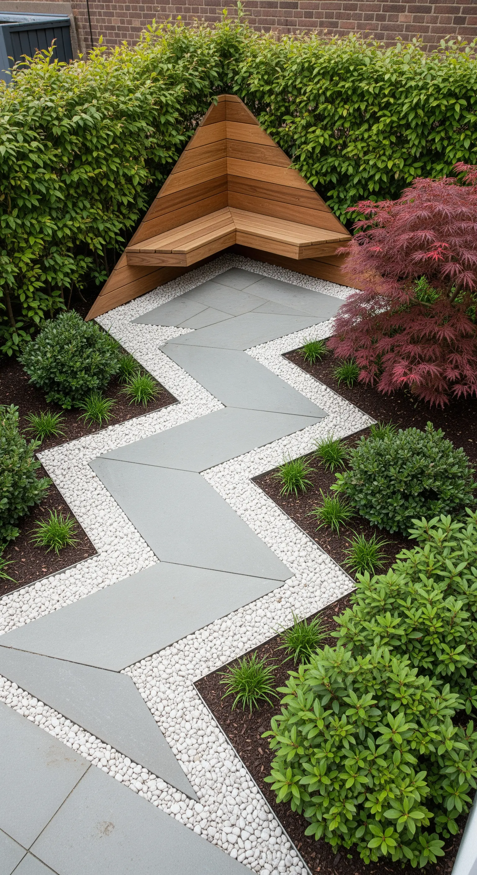 Zick-Zack-Weg aus grauen Platten in weißem Kies