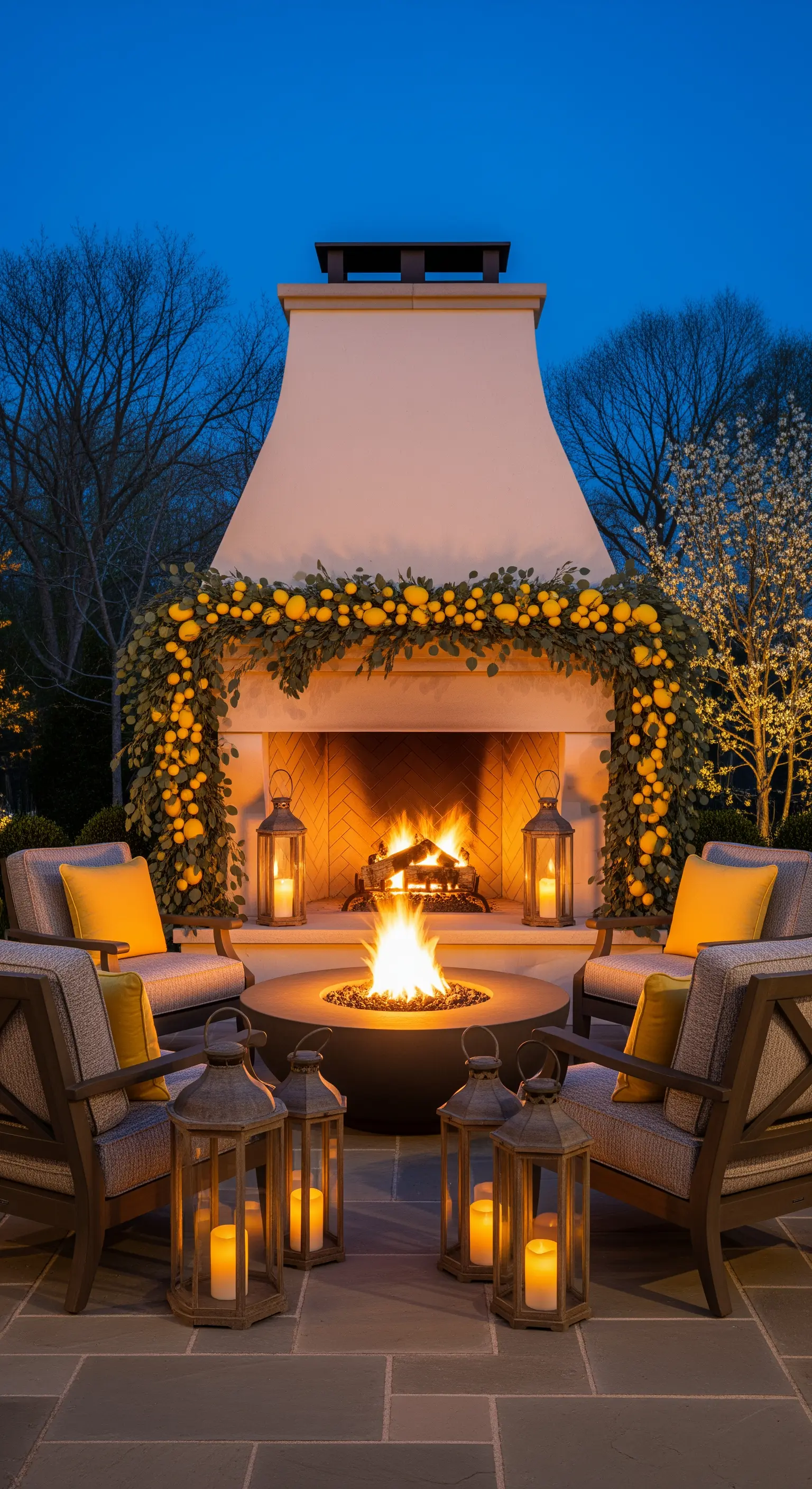 Outdoor-Kamin mit Zitronengirlande und Feuer