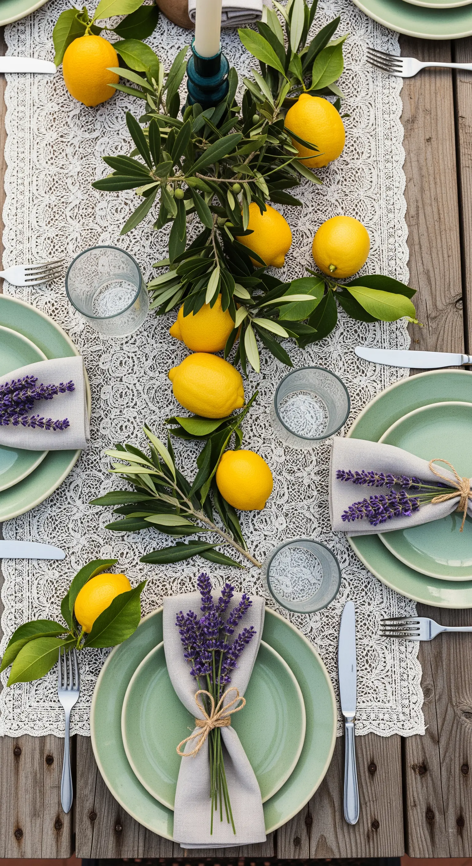 Tischdeko mit Zitronen, Olivenzweigen und Lavendel auf weißem Spitzendeckchen