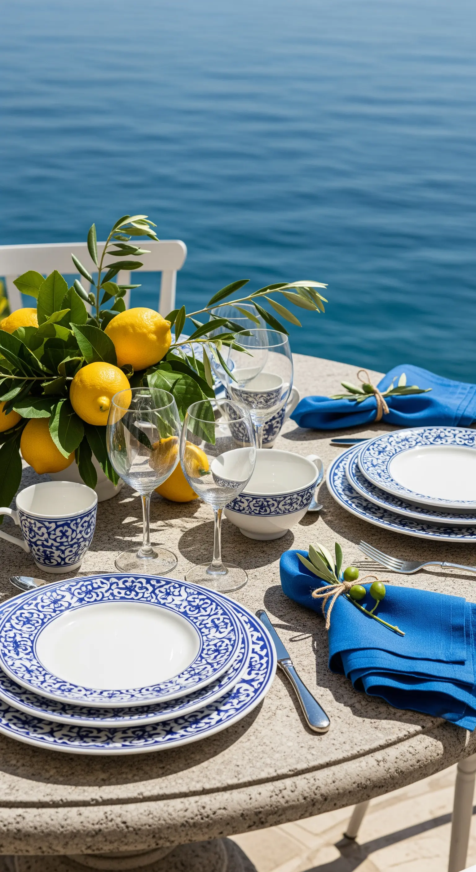 Zitronen-Arrangement mit blau-weißem Porzellan und Meerblick