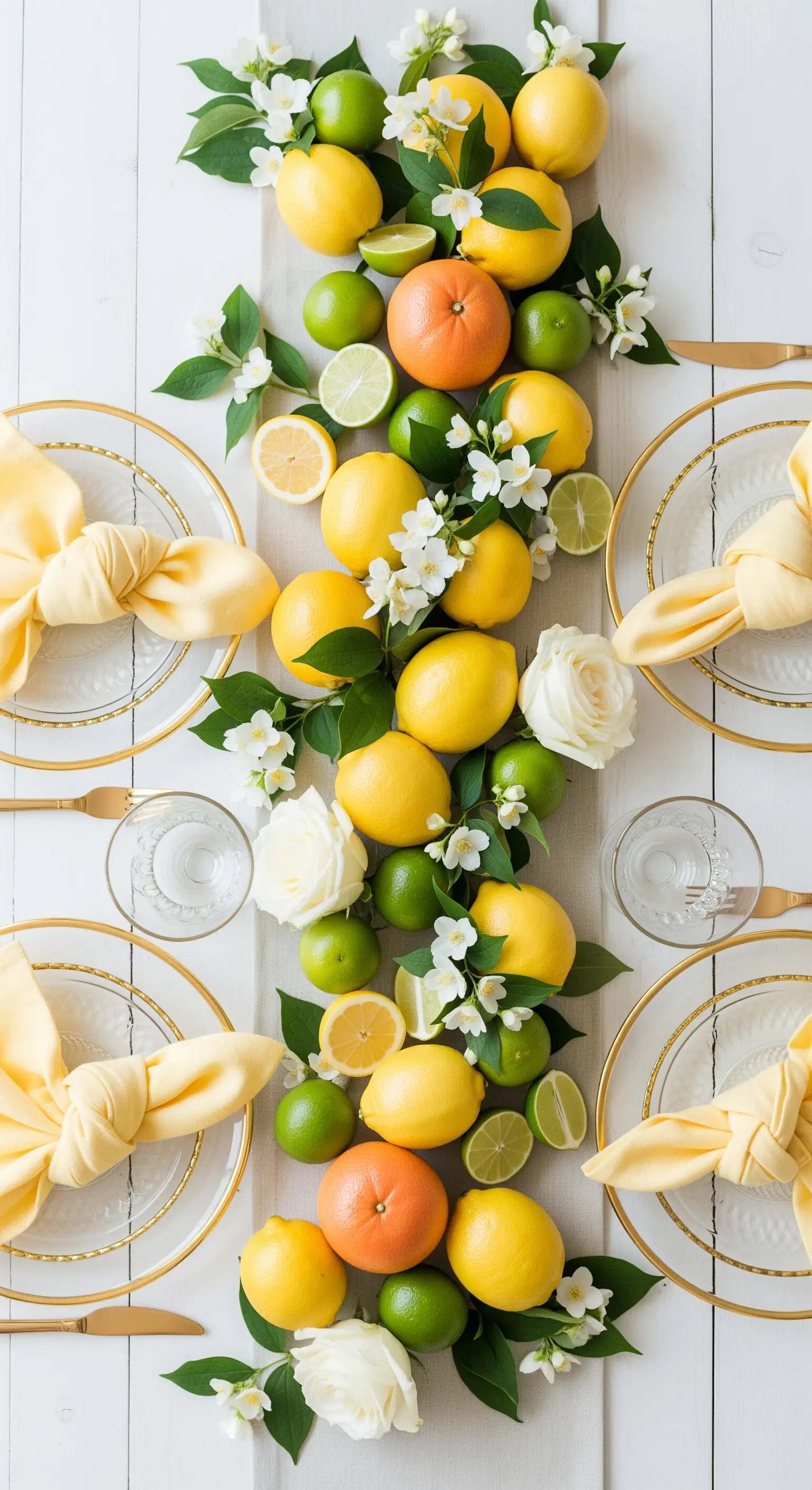 Zitronen und Limetten als Tischläufer mit weißen Blüten