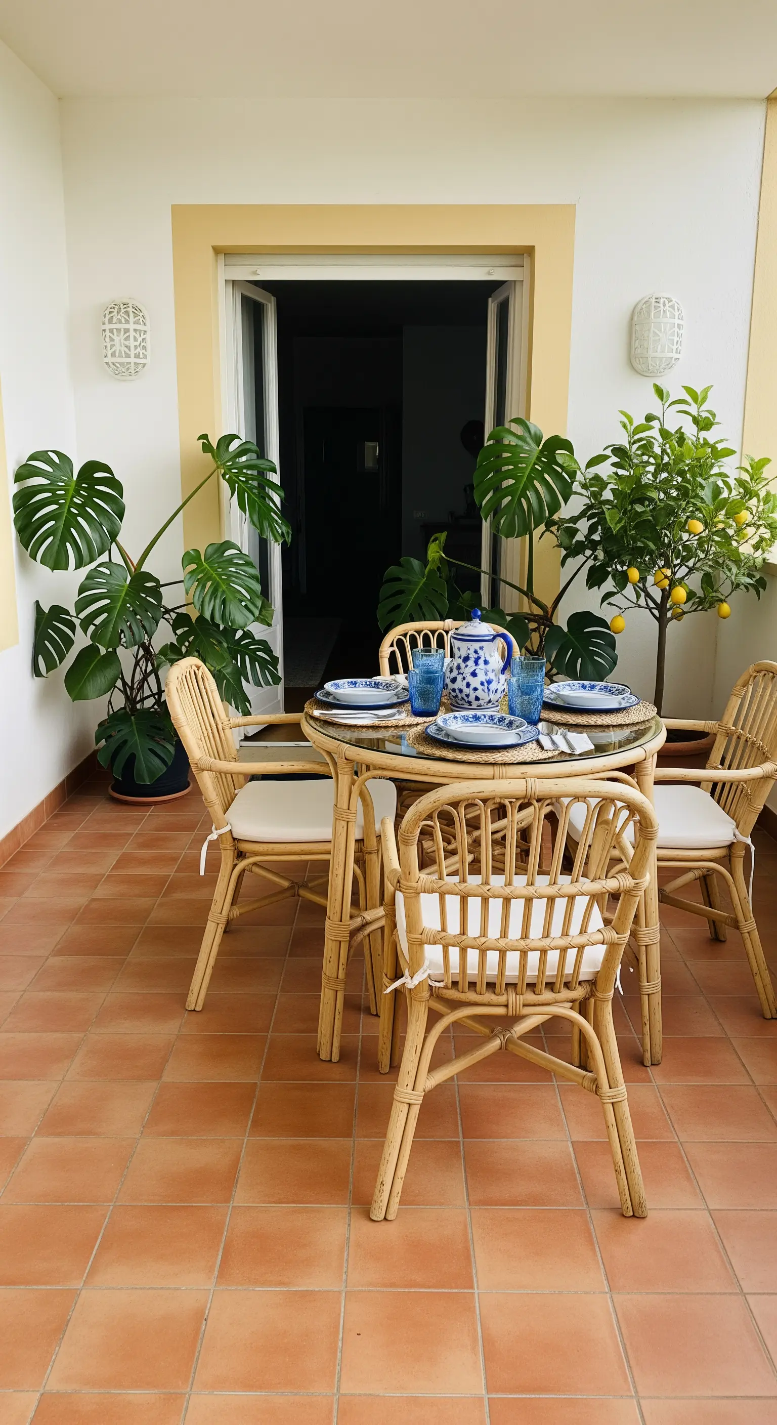 Essbereich auf dem Balkon mit Rattanmöbeln, Zitronenbaum und blau-weißem Geschirr