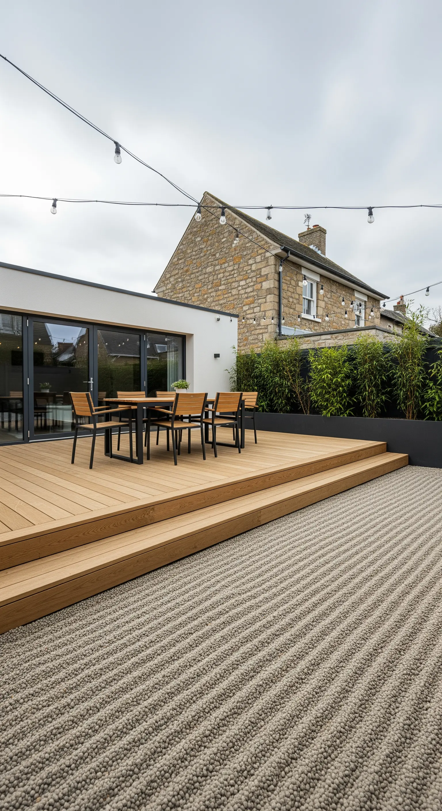 Moderne Terrasse mit Holzboden, Kiesfläche und schwarzen Bambus-Pflanzkübeln